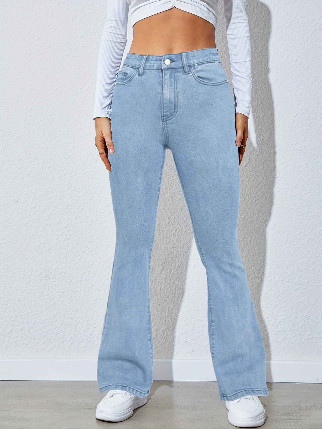Sixsr High Waist High Strech Light Blue Bootcut Jeans, Zipper Button Closure Flare Leg Causal Denim Pants, Women's Denim Jeans & Clothing