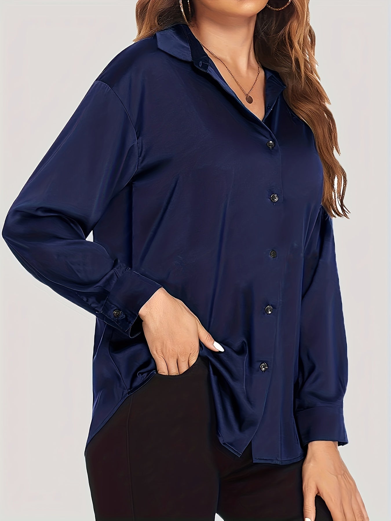 Sixsr Plus Size Casual Blouse, Women's Plus Solid Satin Button Up Long Sleeve Turn Down Collar Blouse