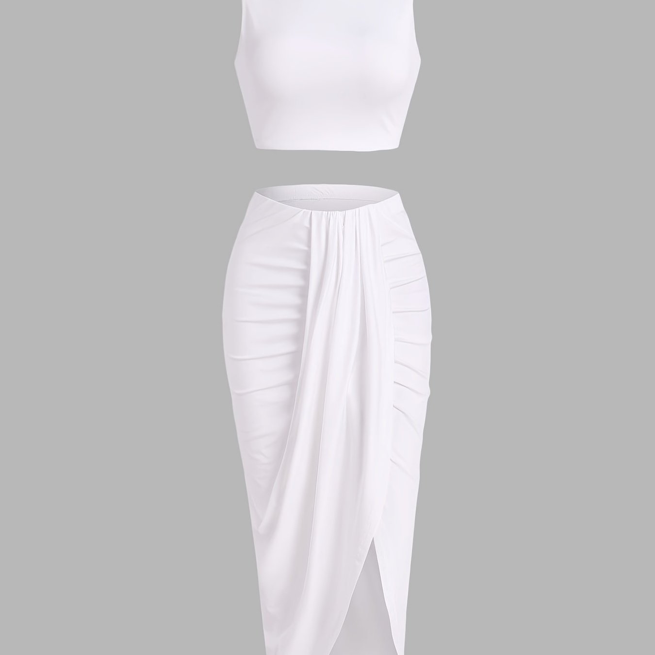 Two-piece Skirt Set, Crop Tank Top & Ruched Split Front Skirt Outfits, Women's Clothing