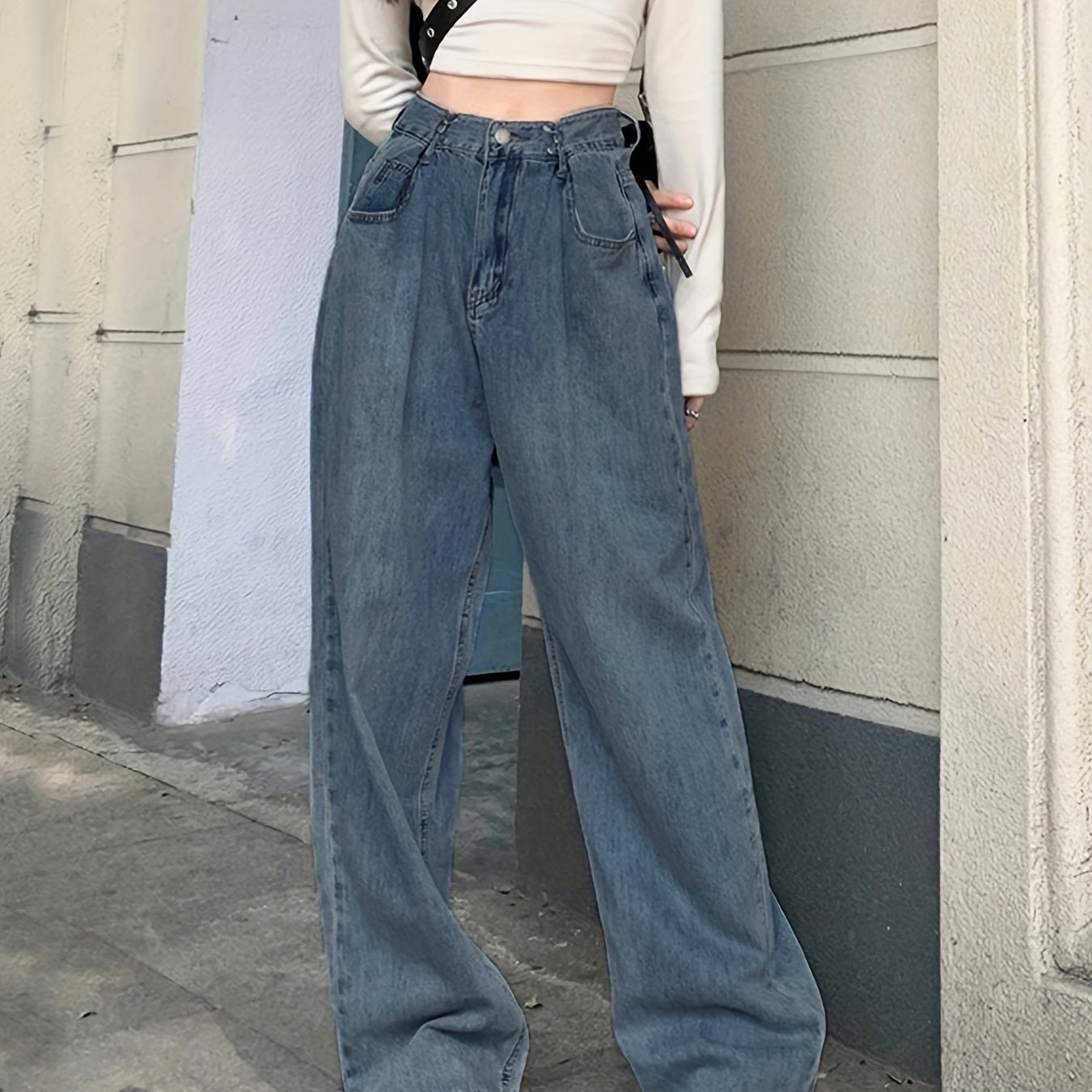 Sixsr Blue Adjustable Buckle Waist Straight Jeans, Loose Fit Slant Pockets High Waist Wide Legs Jeans, Women's Denim Jeans & Clothing