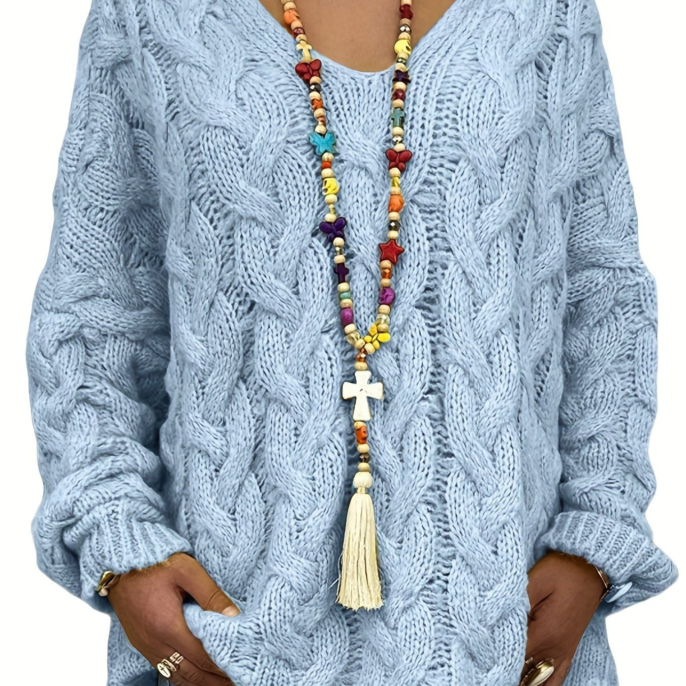 Sixsr Plus Size Casual Sweater, Women's Plus Solid Hooded Long Sleeve V Neck Knitted Pullover Jumper Top