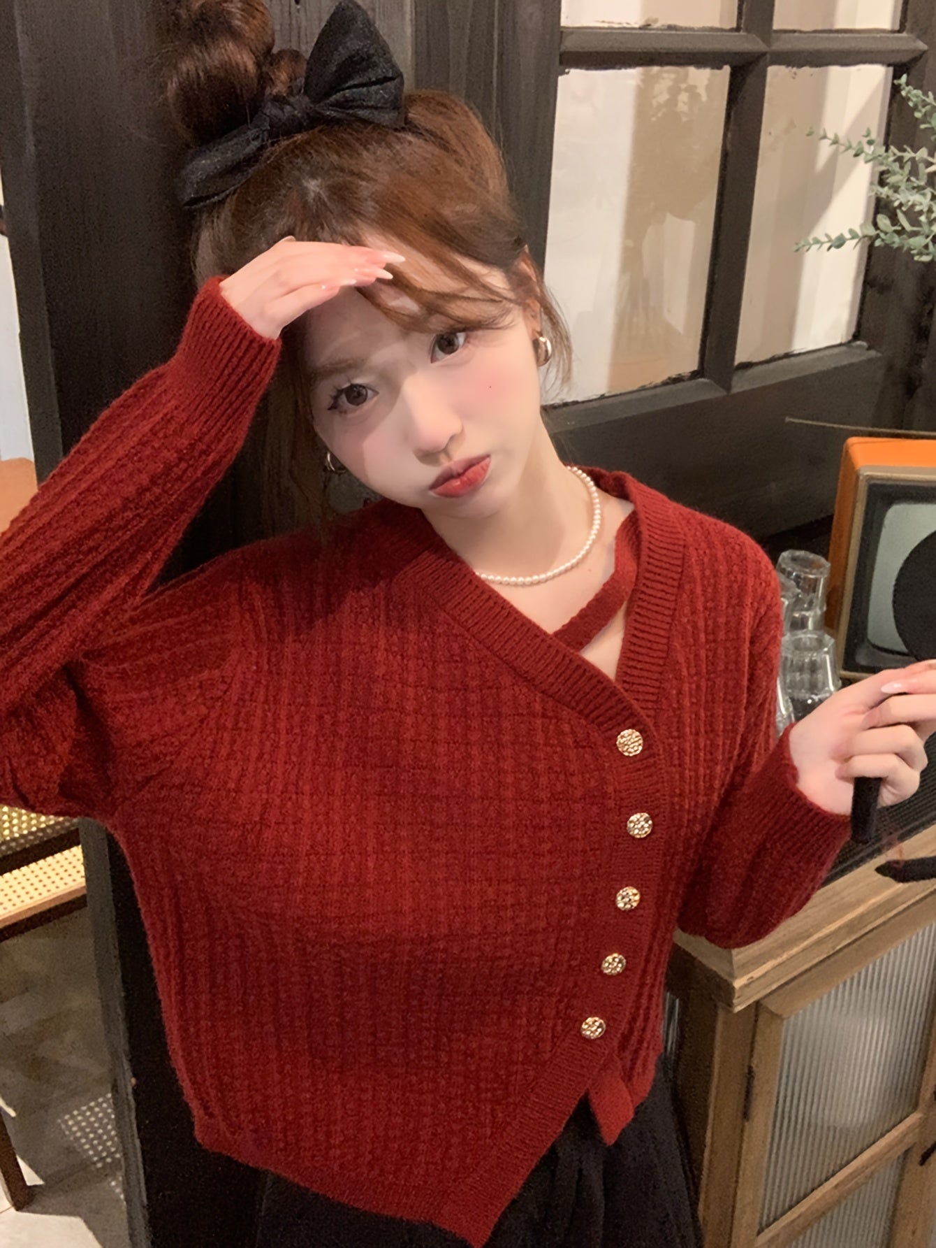 Sixsr Asymmetrical Solid Knit Cardigan, Casual Long Sleeve Sweater With Buttons, Women's Clothing