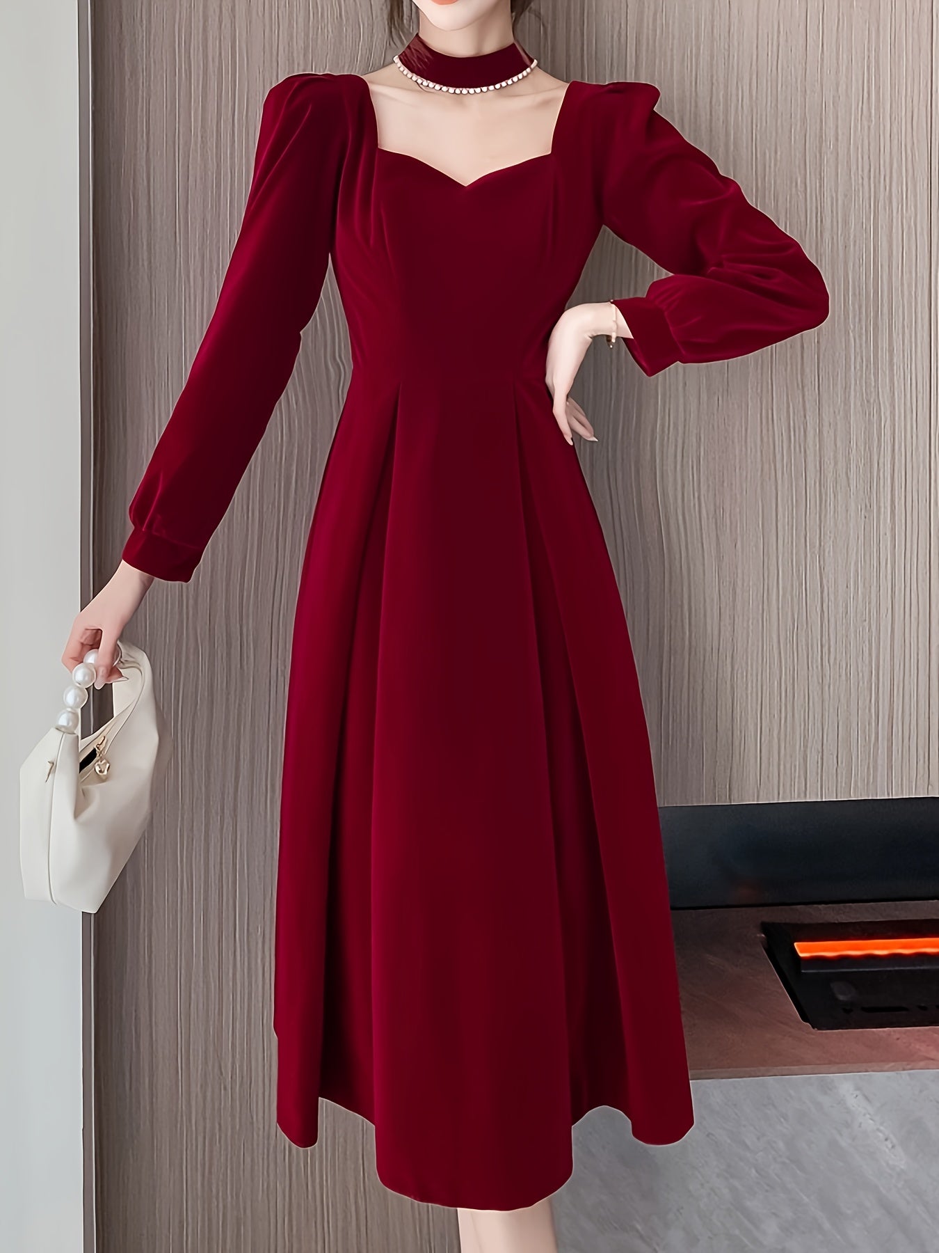 Sixsr Tucked Solid Midi Dress, Elegant Long Sleeve Party Dress, Women's Clothing