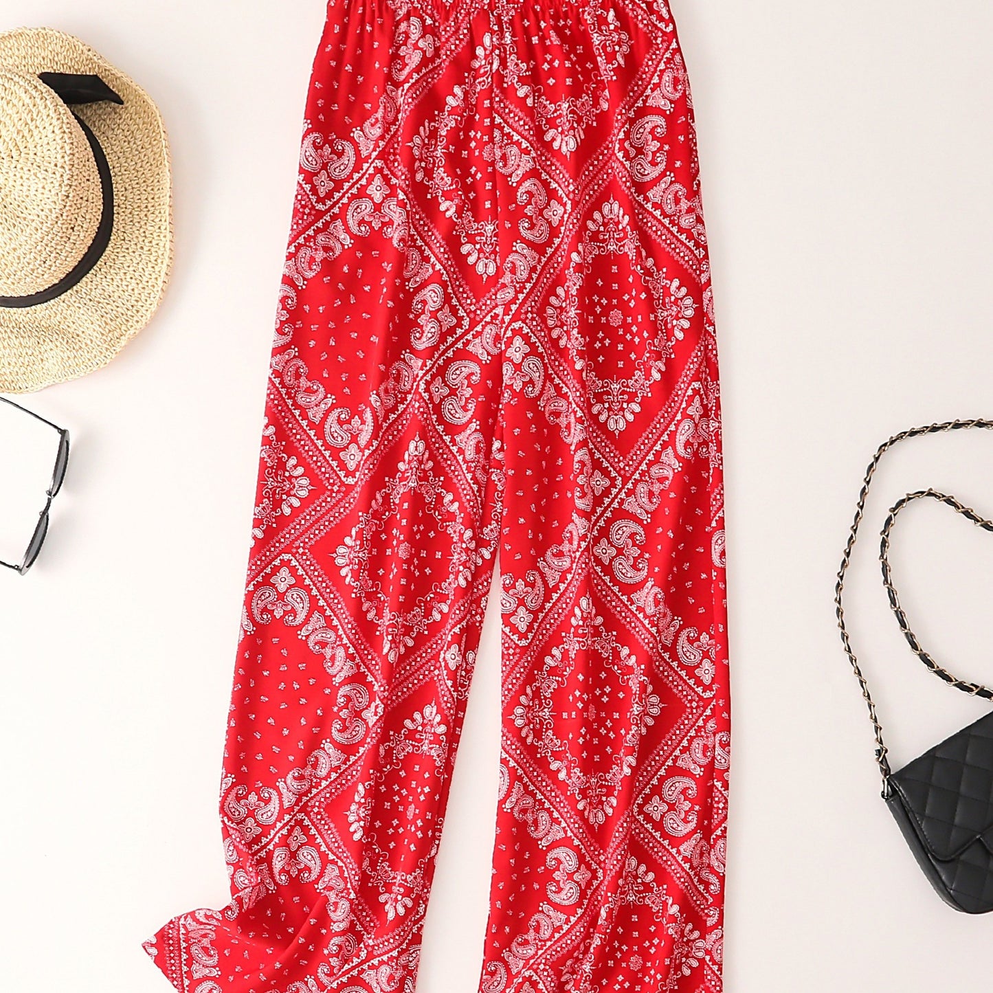 Paisley Scarf Print Wide Leg Pants, Boho Casual Loose Pants For Spring & Summer, Women's Clothing