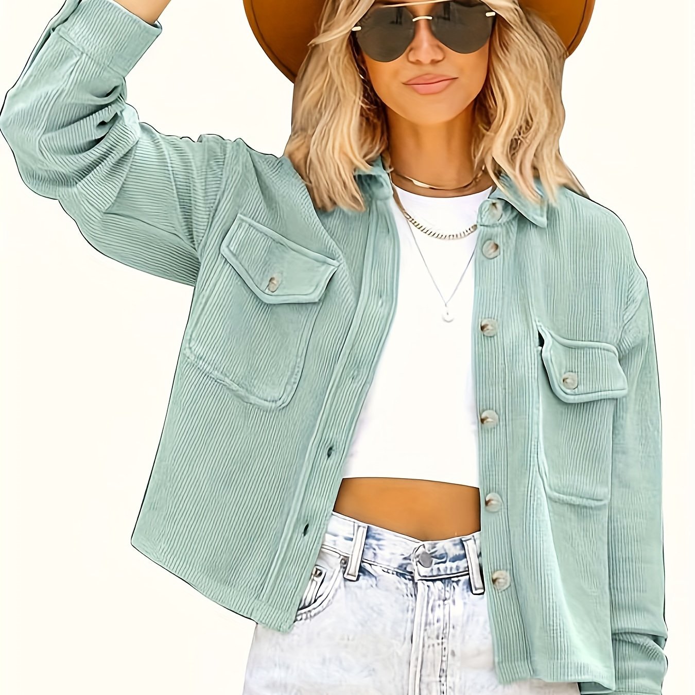 Sixsr Button Front Flap Pockets Jacket, Casual Long Sleeve Jacket For Spring & Fall, Women's Clothing