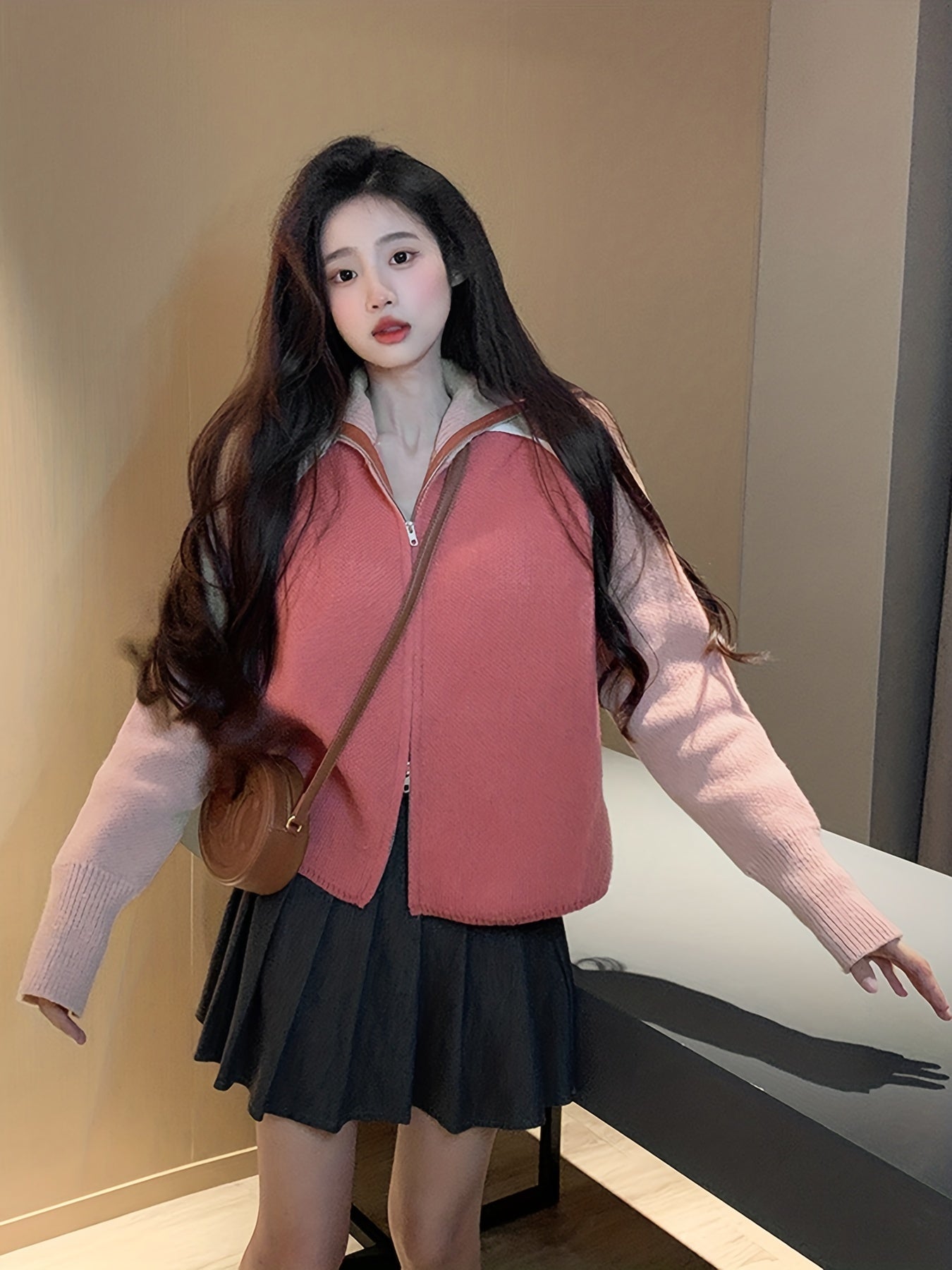 Sixsr Color Block Zip Up Cardigan, Long Sleeve Turtle Neck Outwear, Women's Clothing