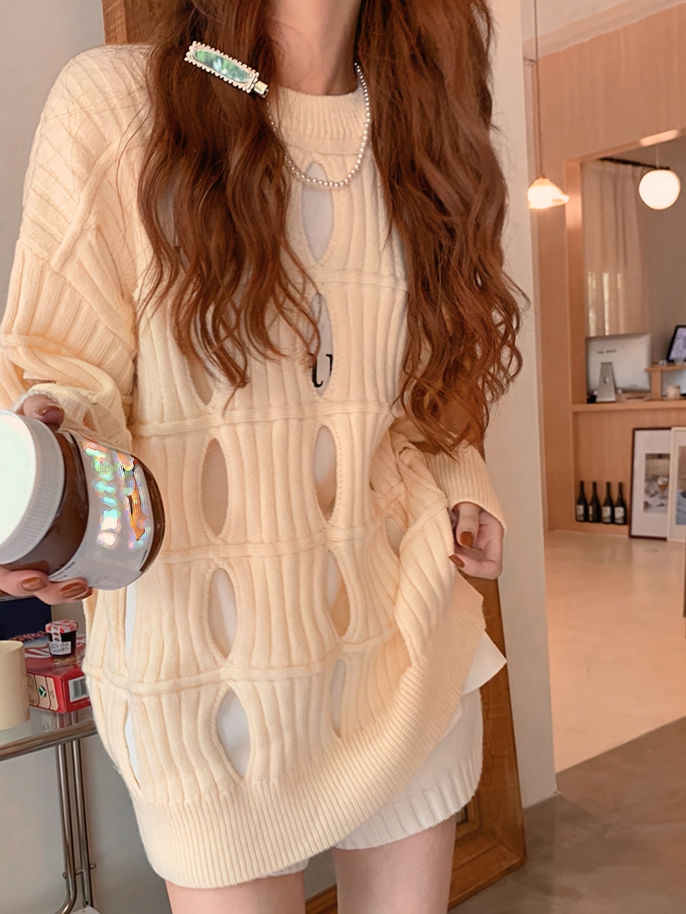 Sixsr Solid Cut Out Pullover Sweater, Casual Long Sleeve Loose Stylish Sweater, Women's Clothing