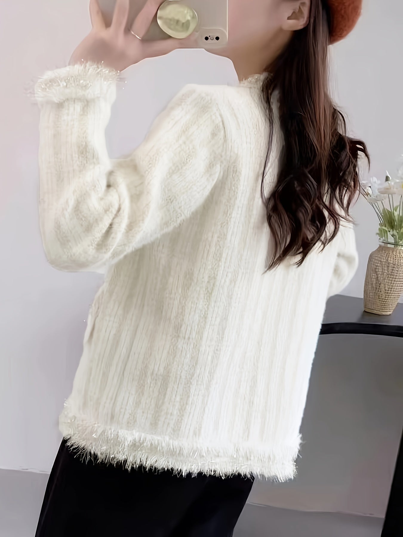 Sixsr Solid Beaded Button Outwear, Elegant Long Sleeve Knit Outwear For Fall & Winter, Women's Clothing