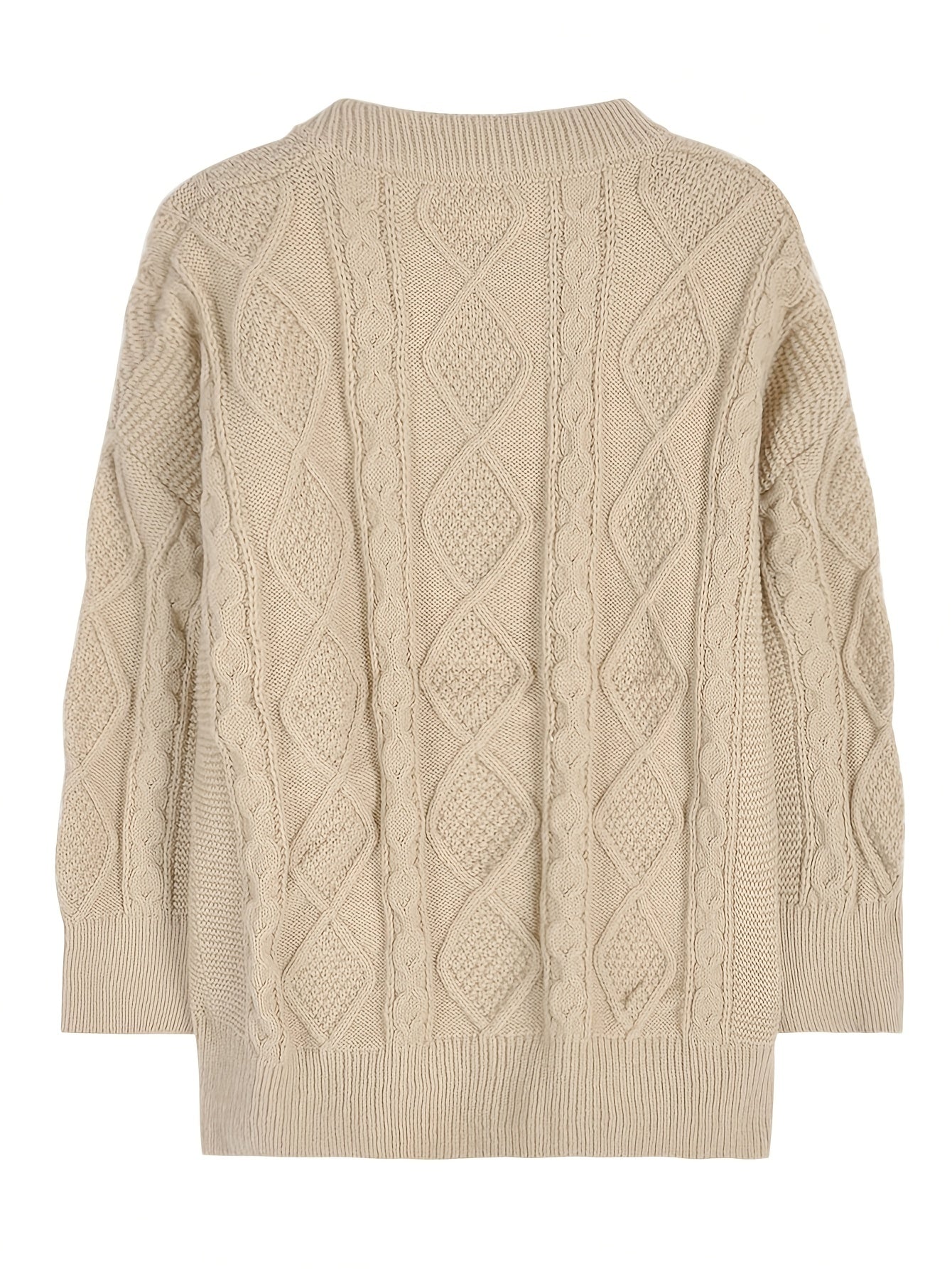 Sixsr Solid Buckle Cable Knit Sweater, Casual Long Sleeve Loose Pullover Sweater, Women's Clothing