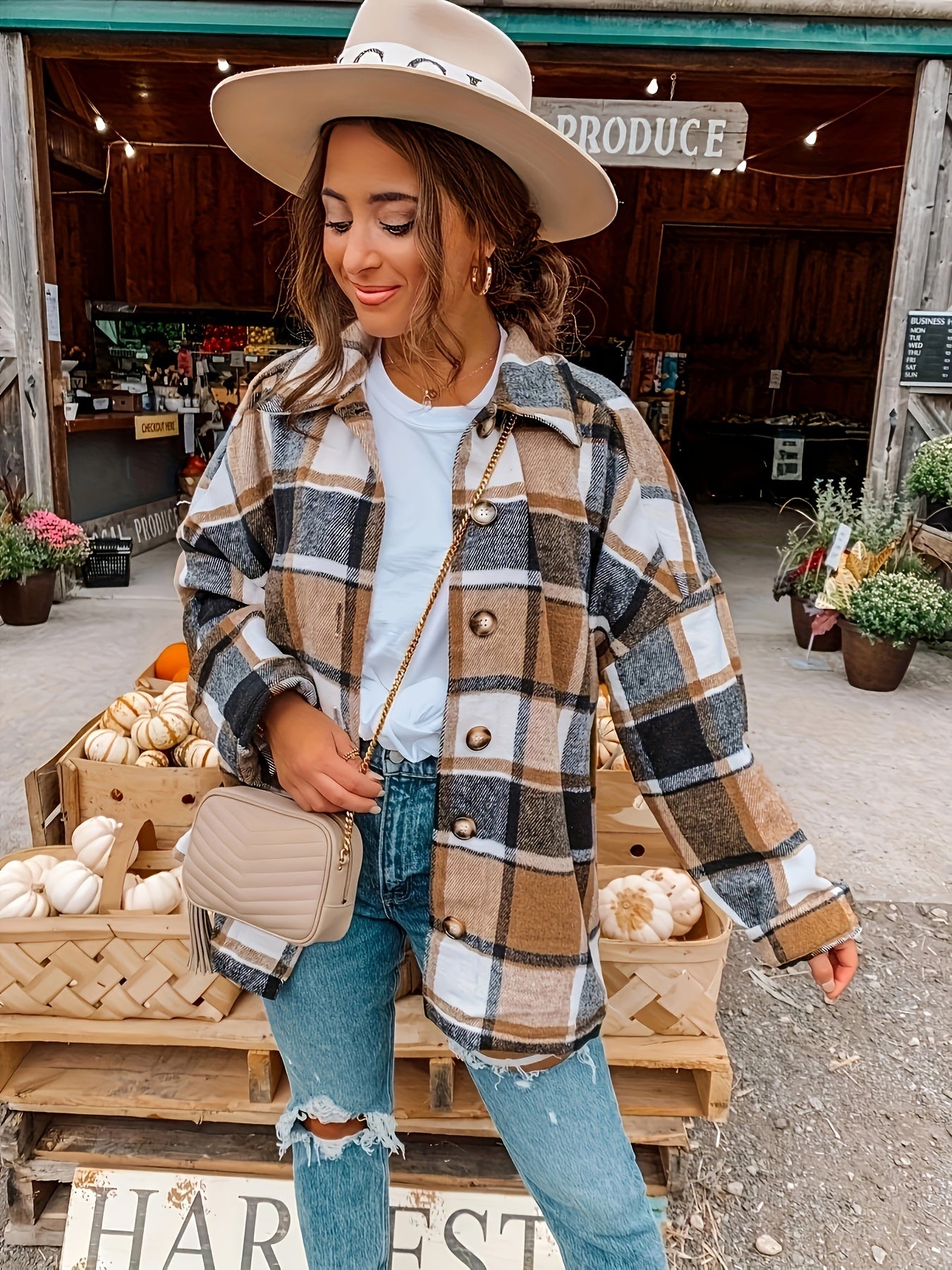 Sixsr Plus Size Casual Coat, Women's Plus Plaid Pattern Long Sleeve Button Up Lapel Collar Shacket