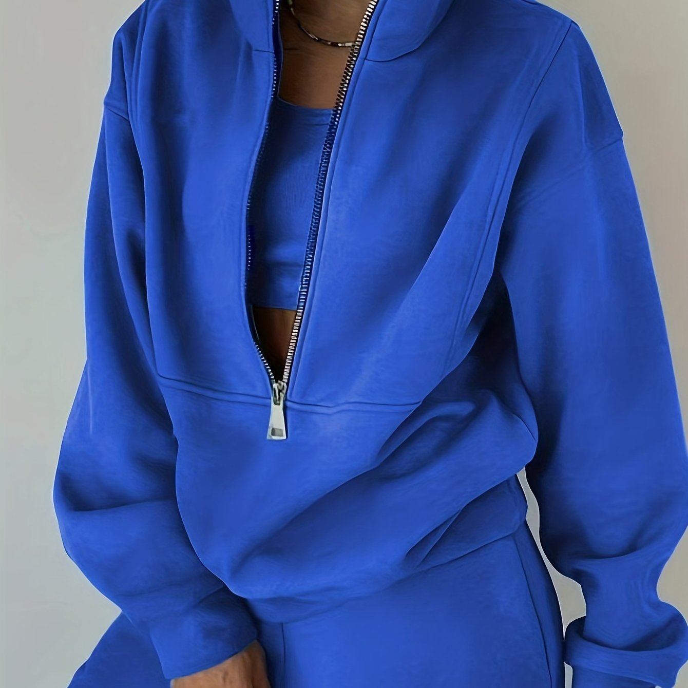 Sixsr Casual Matching Two-piece Set, Zip Up Sweatshirt & Solid Sweatpants Outfits, Women's Clothing