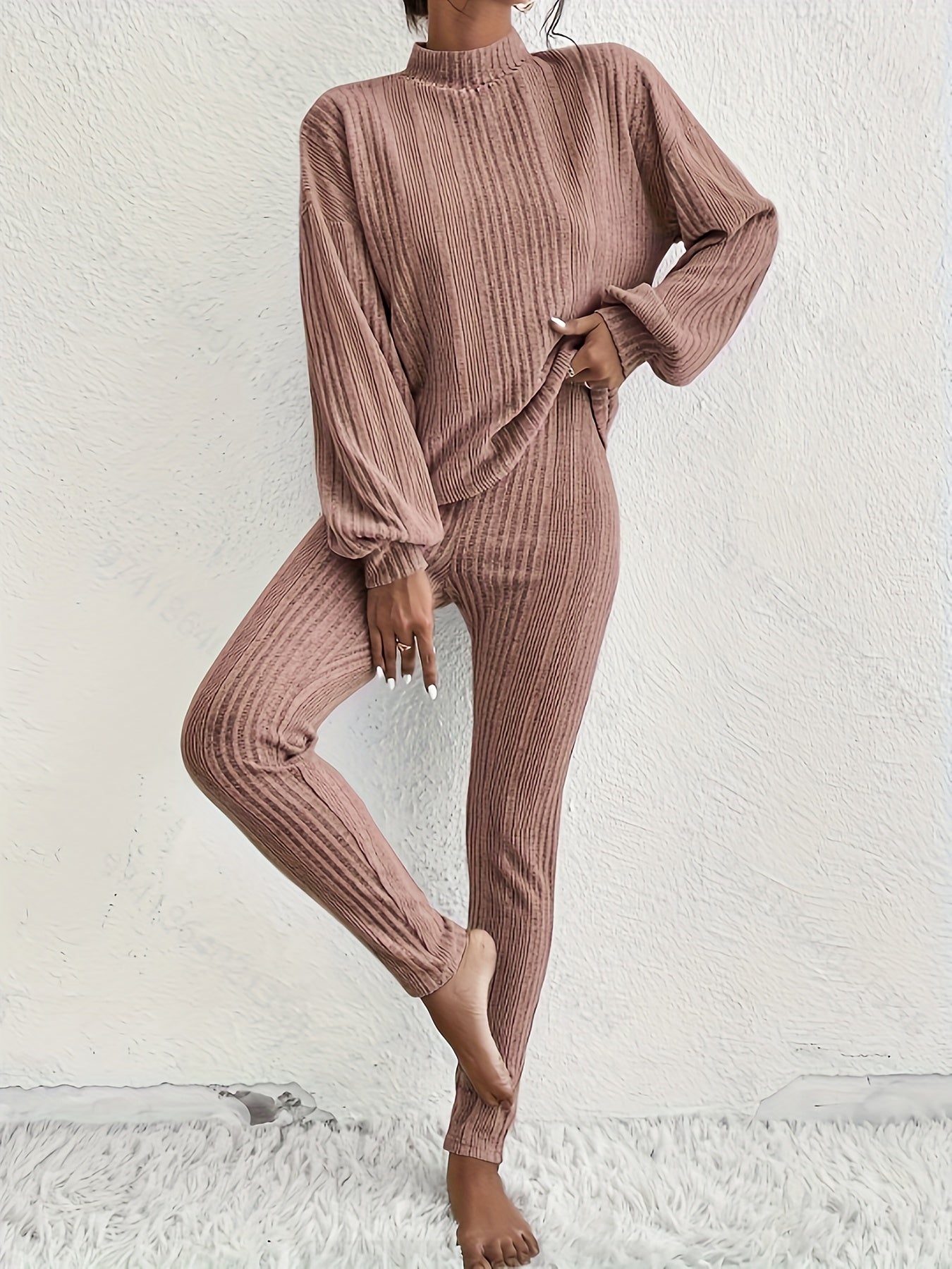 Sixsr Casual Ribbed Knit Two-piece Set, Lantern Sleeve Top & Drawstring Slim Pants Outfits, Women's Clothing