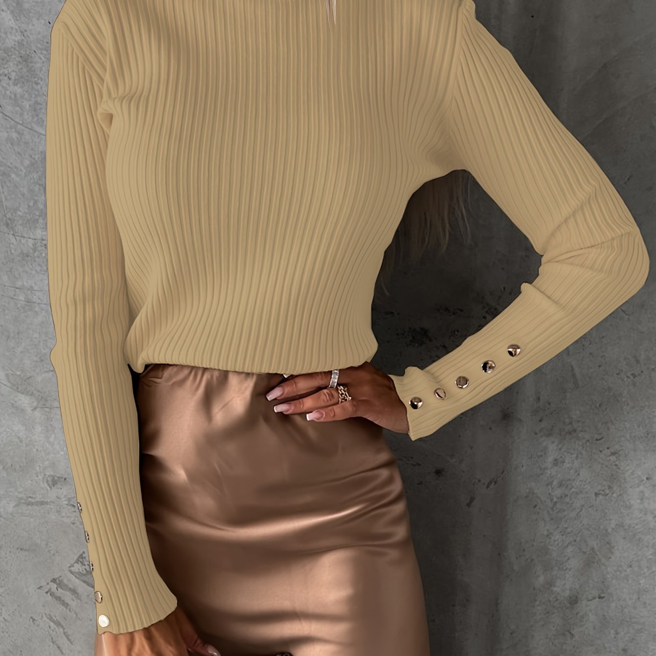 Sixsr High Neck Ribbed Thin Fabric Top, Casual Button Long Sleeve Pullover, Women's Clothing