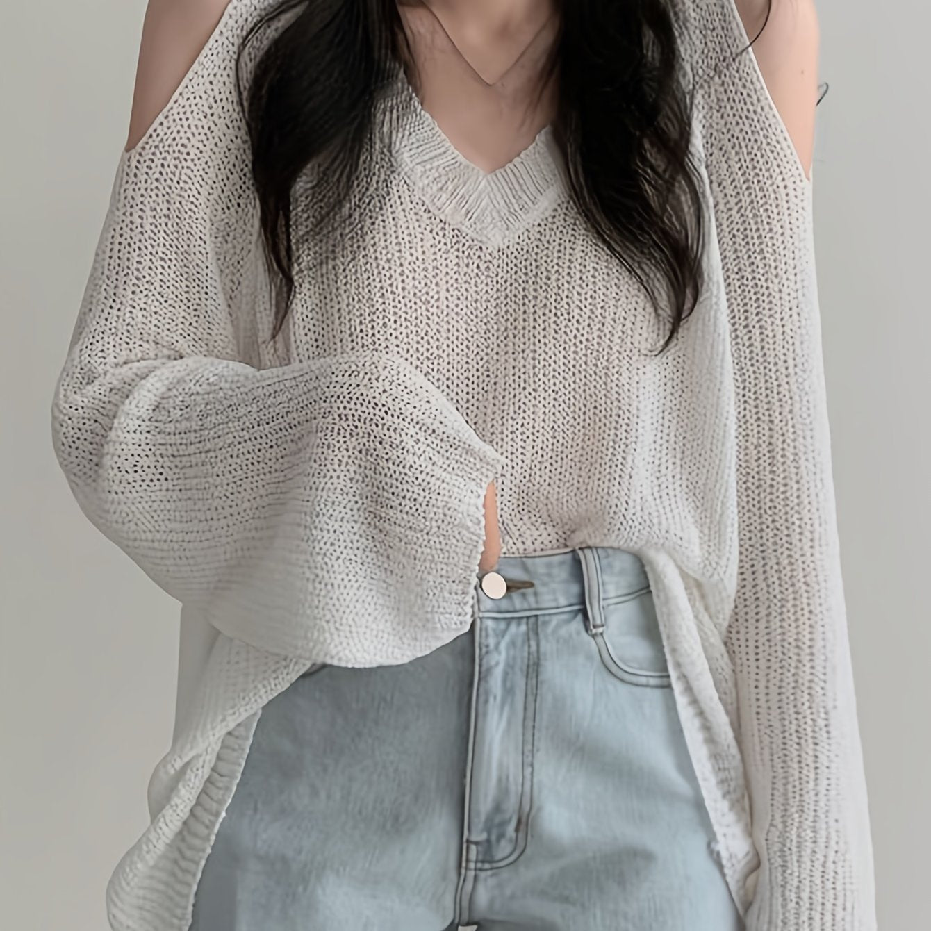 Sixsr Solid V Neck Thin Pullover Sweater, Casual Cold Shoulder Long Sleeve Loose Sweater, Women's Clothing