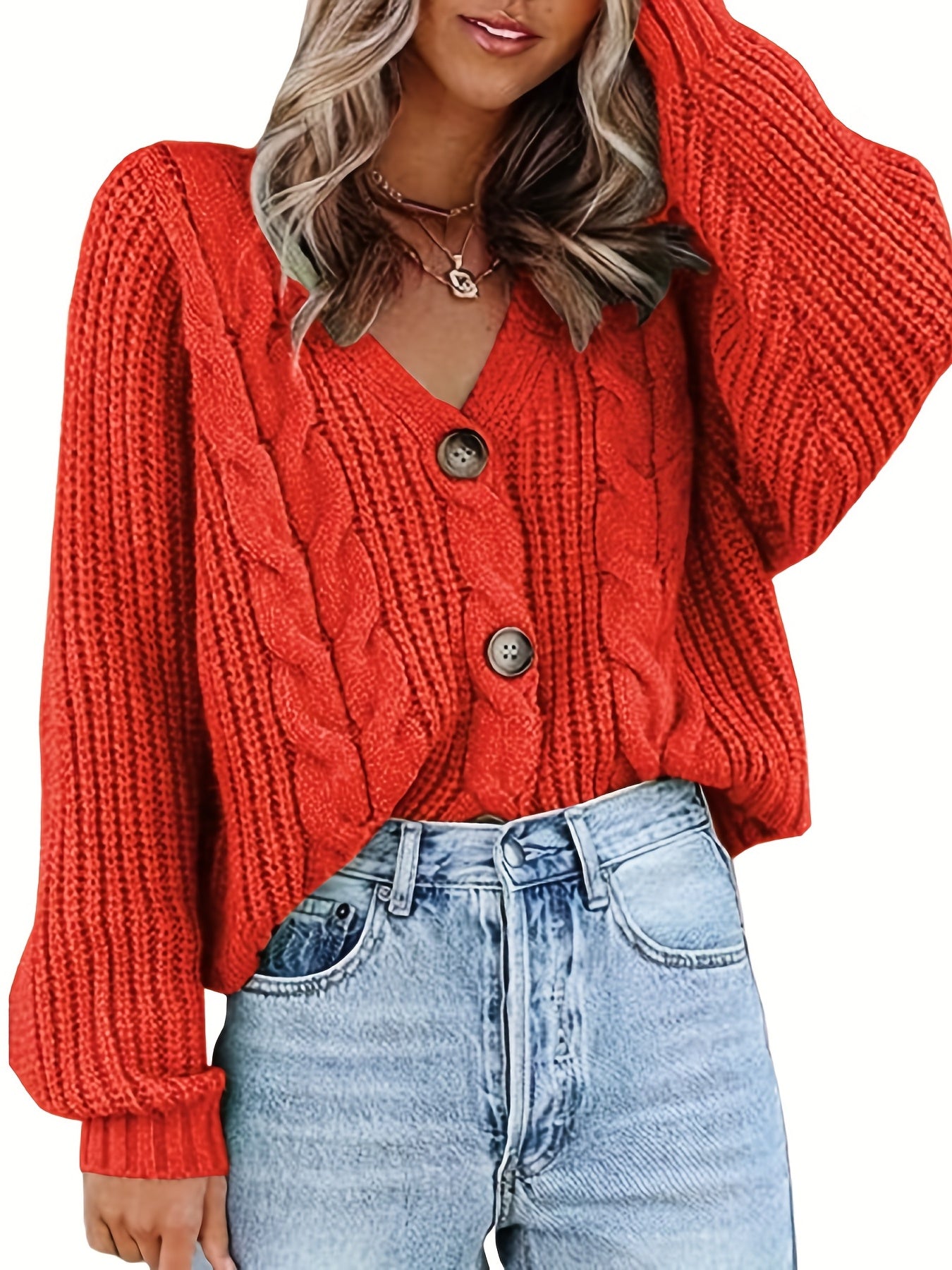 Sixsr Solid Button Front Knit Cardigan, Casual V Neck Long Sleeve Sweater, Women's Clothing