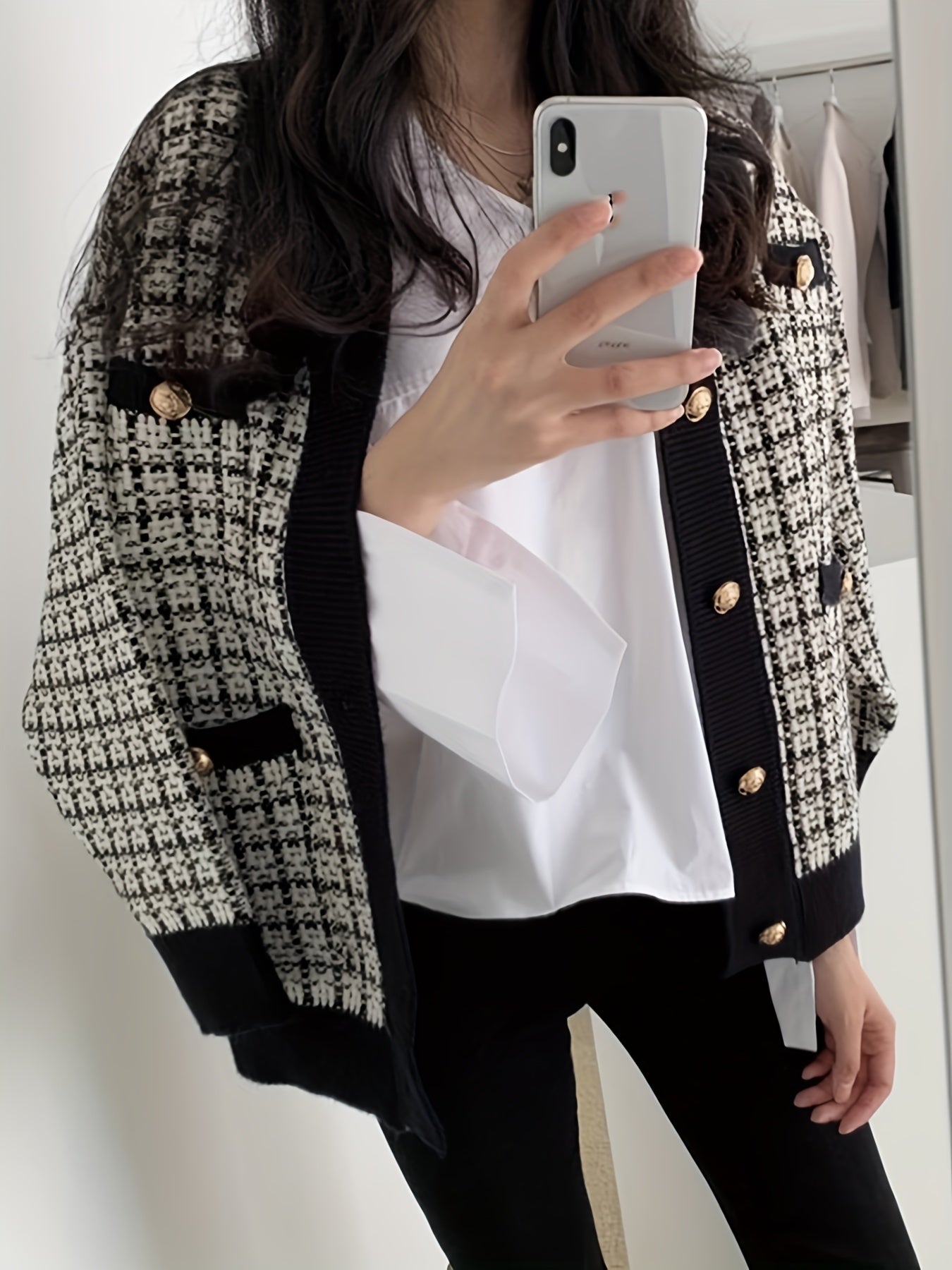 Sixsr Plaid Button Down Knit Cardigan, Vintage Long Sleeve Pocket Fashion Sweater, Women's Clothing