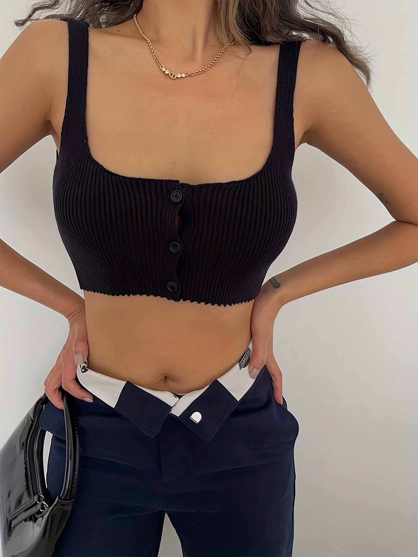 Sixsr Button Front Cropped Knit Vest, Sexy Squared Neck Sleeveless Solid Summer Vest, Women's Clothing