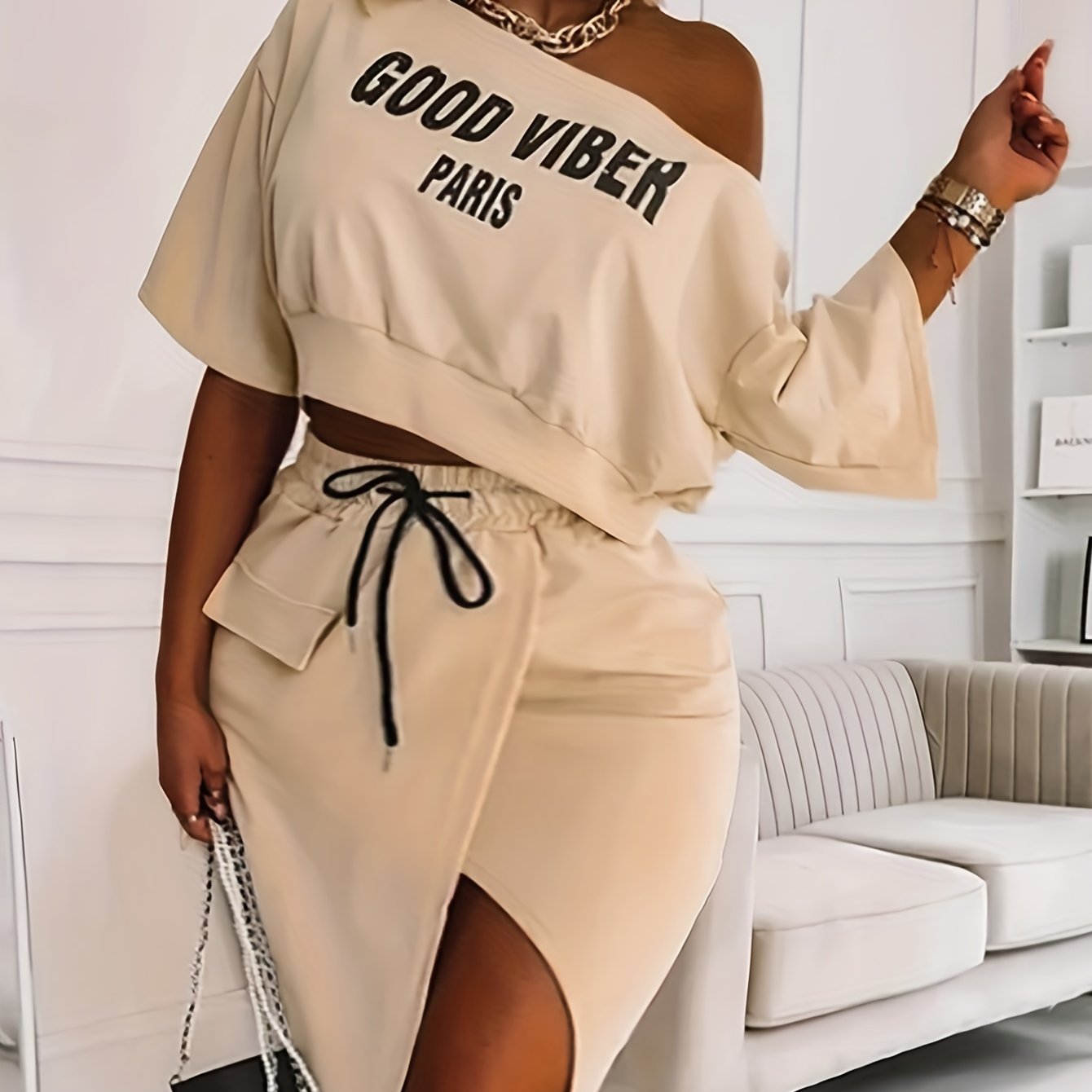 Plus Size Casual Outfits Two Piece Set, Women's Plus Letter Print One Shoulder Short Sleeve Top & Drawstring Split Hem Knee Length Skirt Outfits 2 Piece Set