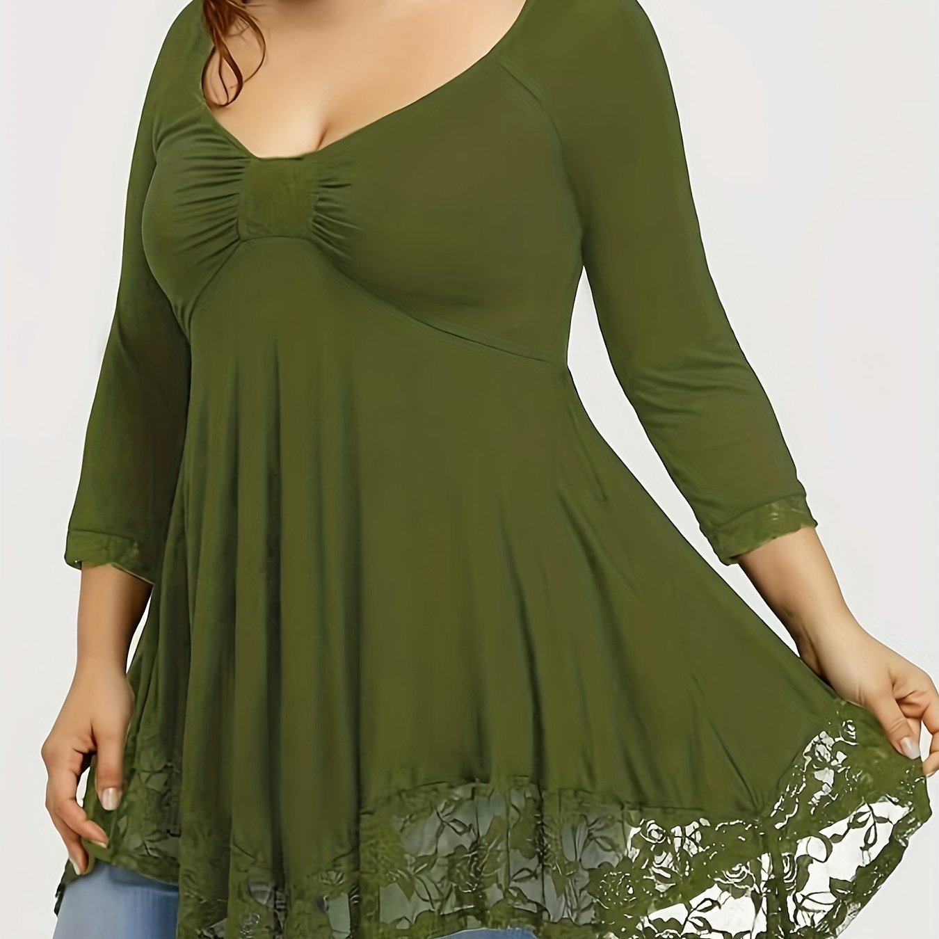 Sixsr Plus Size Floral Jacquard Contrast Lace Solid Tops, Women's Plus Round Neck Long Sleeve Elegant Top