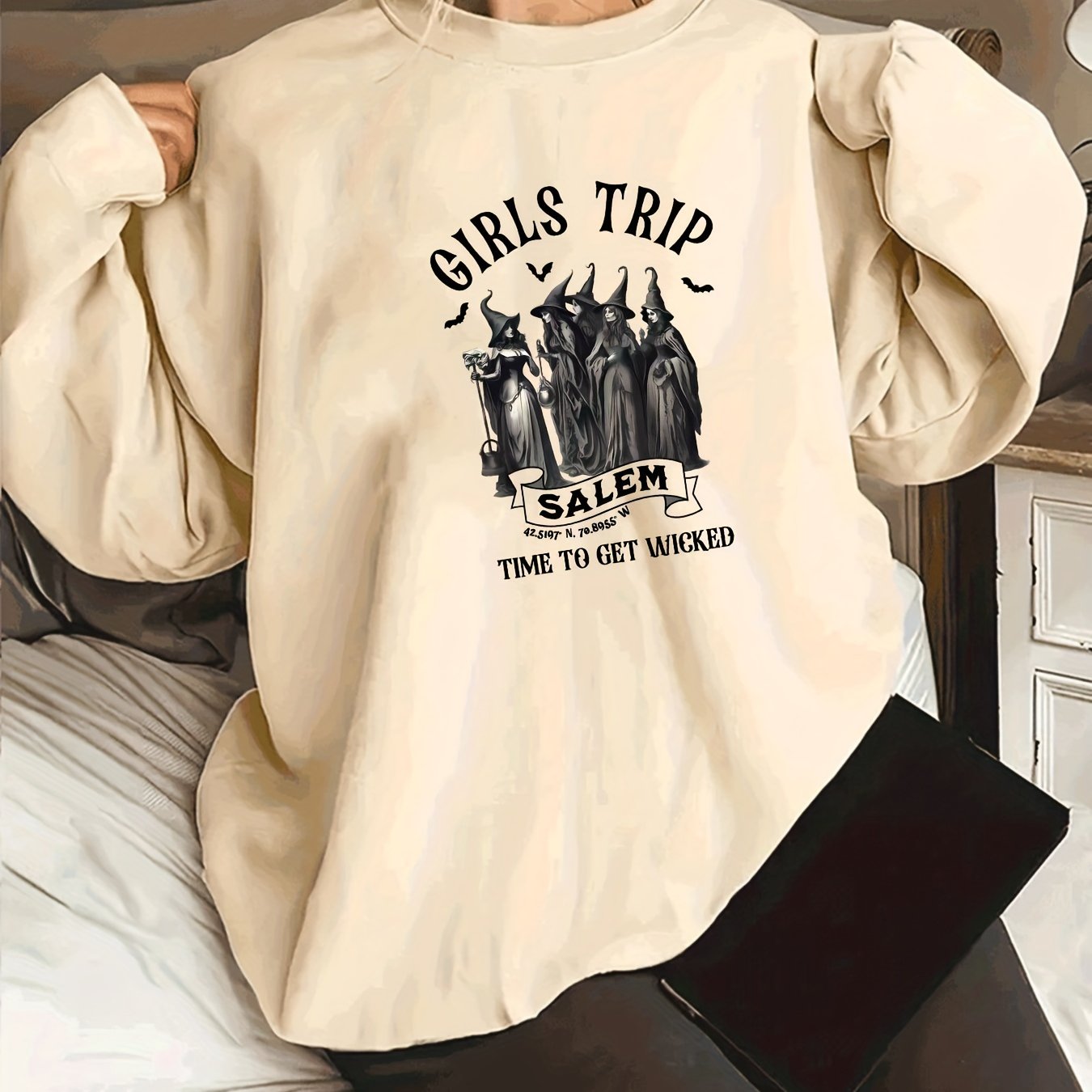 Sixsr Plus Size Halloween Sweatshirt, Women's Plus Cartoon Witch & Slogan Print Long Sleeve Crew Neck Slight Stretch Pullover Sweatshirt, Casual Tops For Fall & Winter, Plus Size Women's Clothing