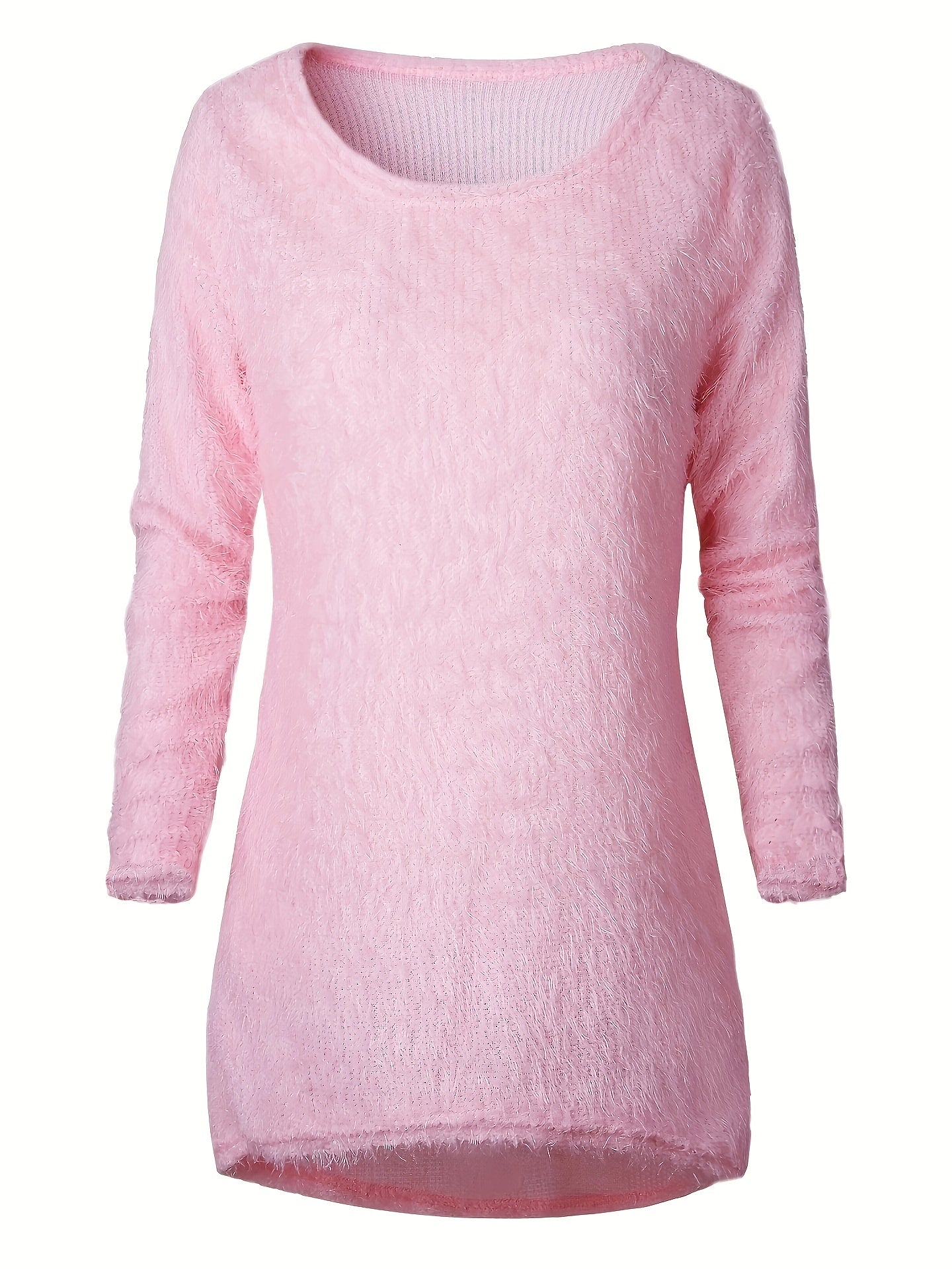 Sixsr Plus Size Casual Sweater, Women's Plus Solid Long Sleeve Round Neck Loose Fluffy Pullover Sweater