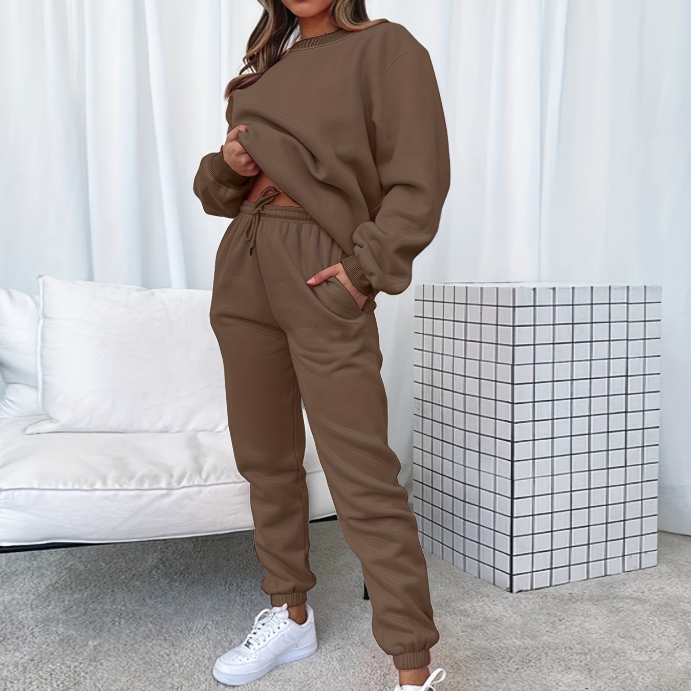 Sixsr Solid Casual Two-piece Set, Long Sleeve Crew Neck Sweatshirt & Drawstring Waist Jogger Pants Outfits, Women's Clothing