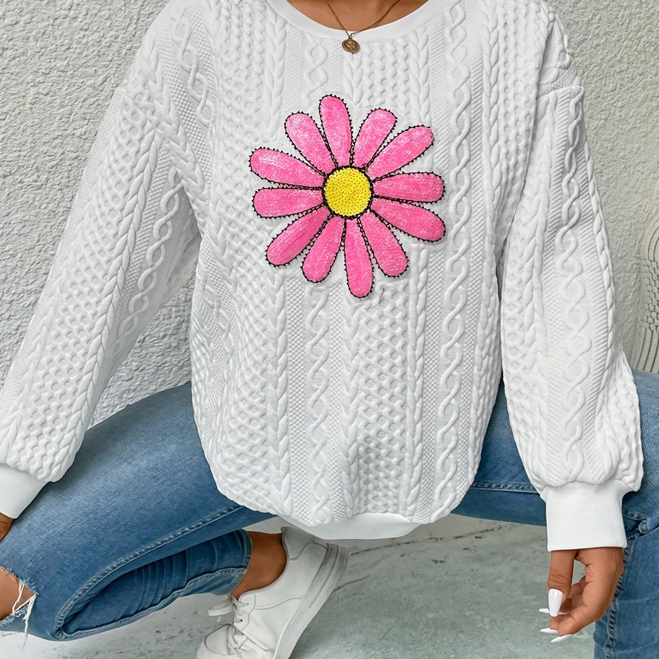 Sixsr Plus Size Casual Sweatshirt, Women's Plus Floral Print Long Sleeve Round Neck Knit Sweatshirt