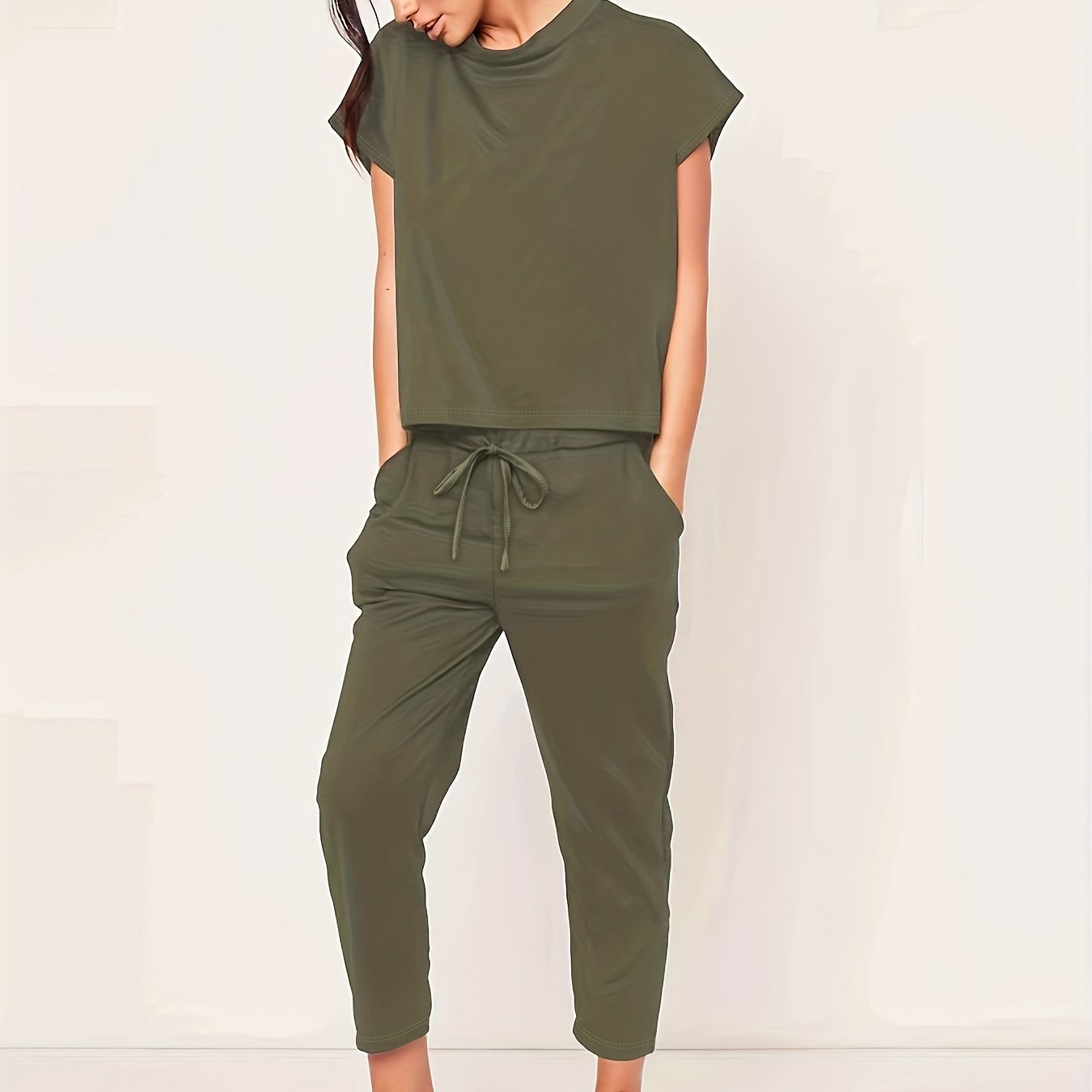 Sixsr Casual Solid Pantsuits Two-piece Set, Short Sleeve Round Neck Tops & Drawstring Cropped Pants Set, Women's Clothing