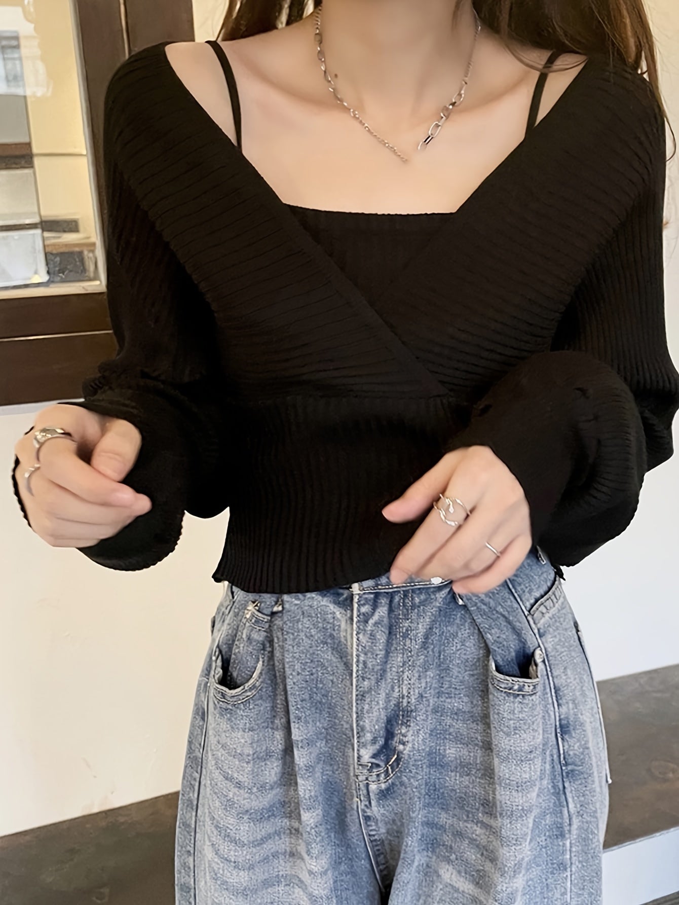 Sixsr Solid Color Faux Twinset Sweater, Chic Long Sleeve Crop Tied Sweater For Fall & Winter, Women's Clothing