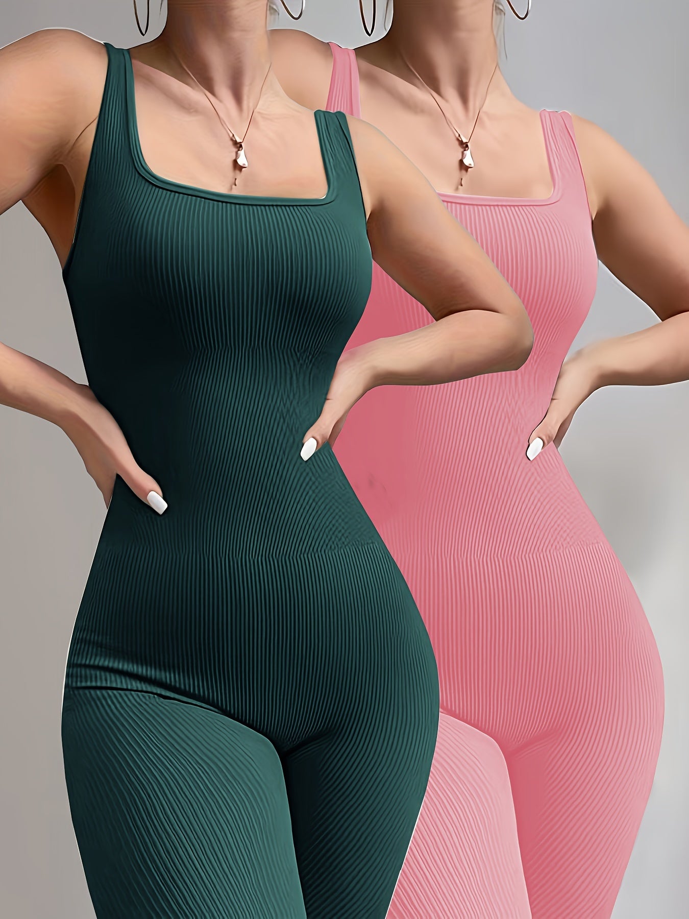 Sixsr 2pcs Solid Color Ribbed Yoga Jumpsuit, Square Neck Sports Fitness Sleeveless Bodysuit, Women's Activewear