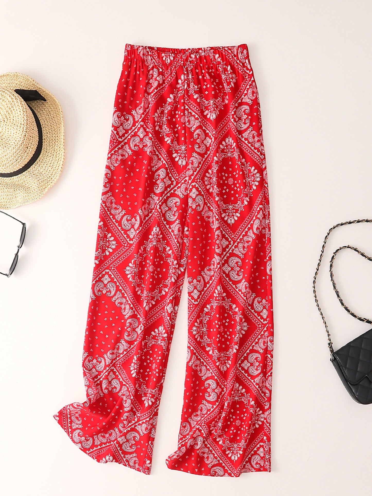 Paisley Scarf Print Wide Leg Pants, Boho Casual Loose Pants For Spring & Summer, Women's Clothing