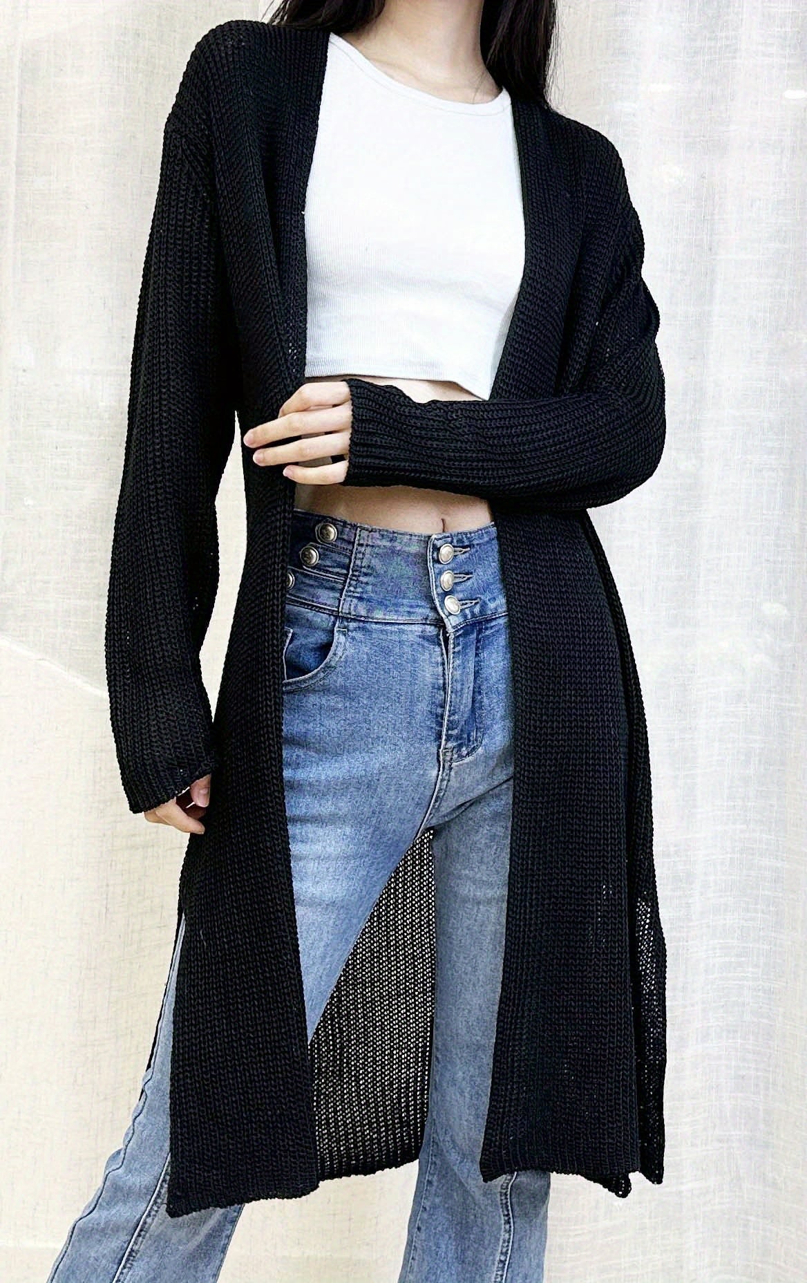 Sixsr Solid Open Front Long Length Cardigan, Y2K Long Sleeve Cardigan For Spring & Fall, Women's Clothing