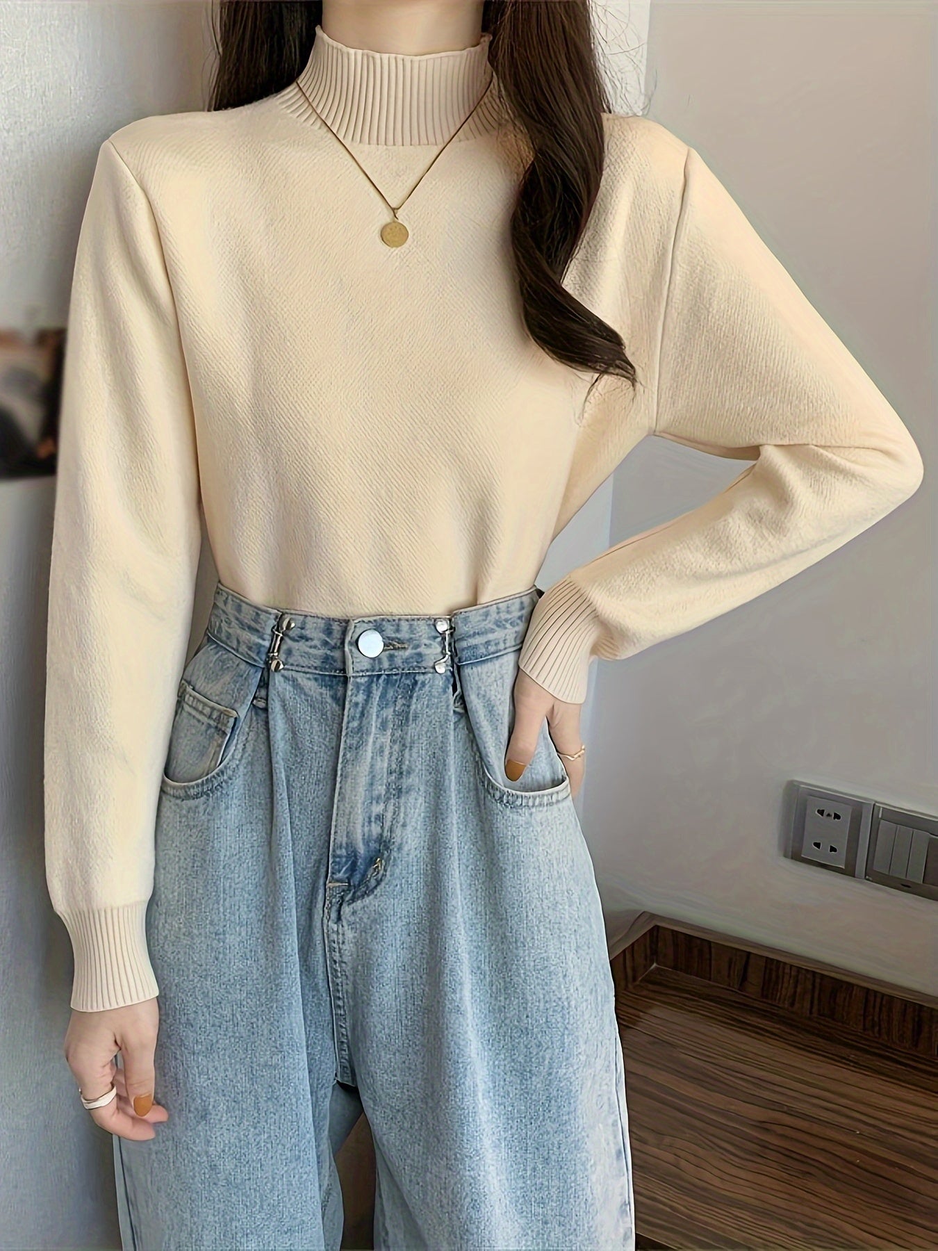 Sixsr Solid Mock Neck Pullover Sweater, Casual Long Sleeve Basic Versatile Sweater, Women's Clothing