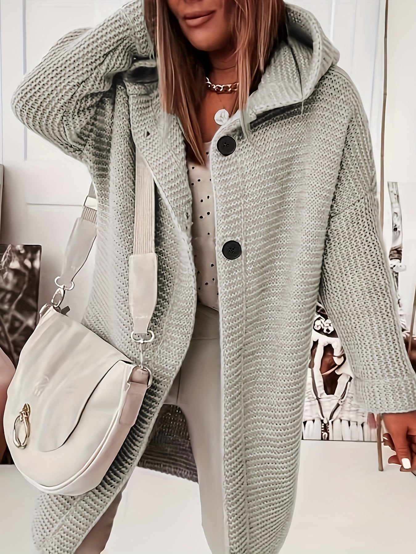 Sixsr Button Front Hooded Knit Cardigan, Casual Long Sleeve Simple Sweater, Women's Clothing