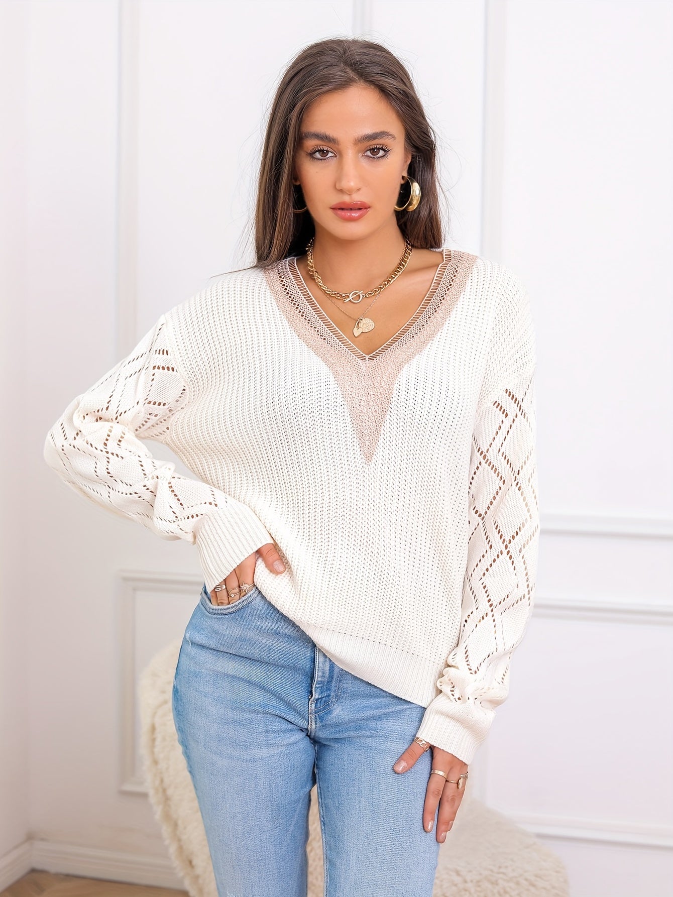 Sixsr Solid V Neck Knitted Sweater, Hollow Out Long Sleeve Casual Sweater For Fall & Winter, Women's Clothing