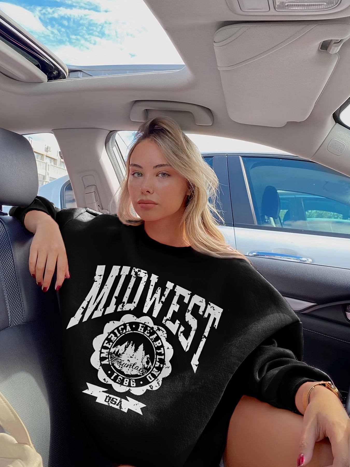 Sixsr Graphic Print Sweatshirt, Casual Crew Neck Drop Shoulder Long Sleeve Sweater, Women's Clothing