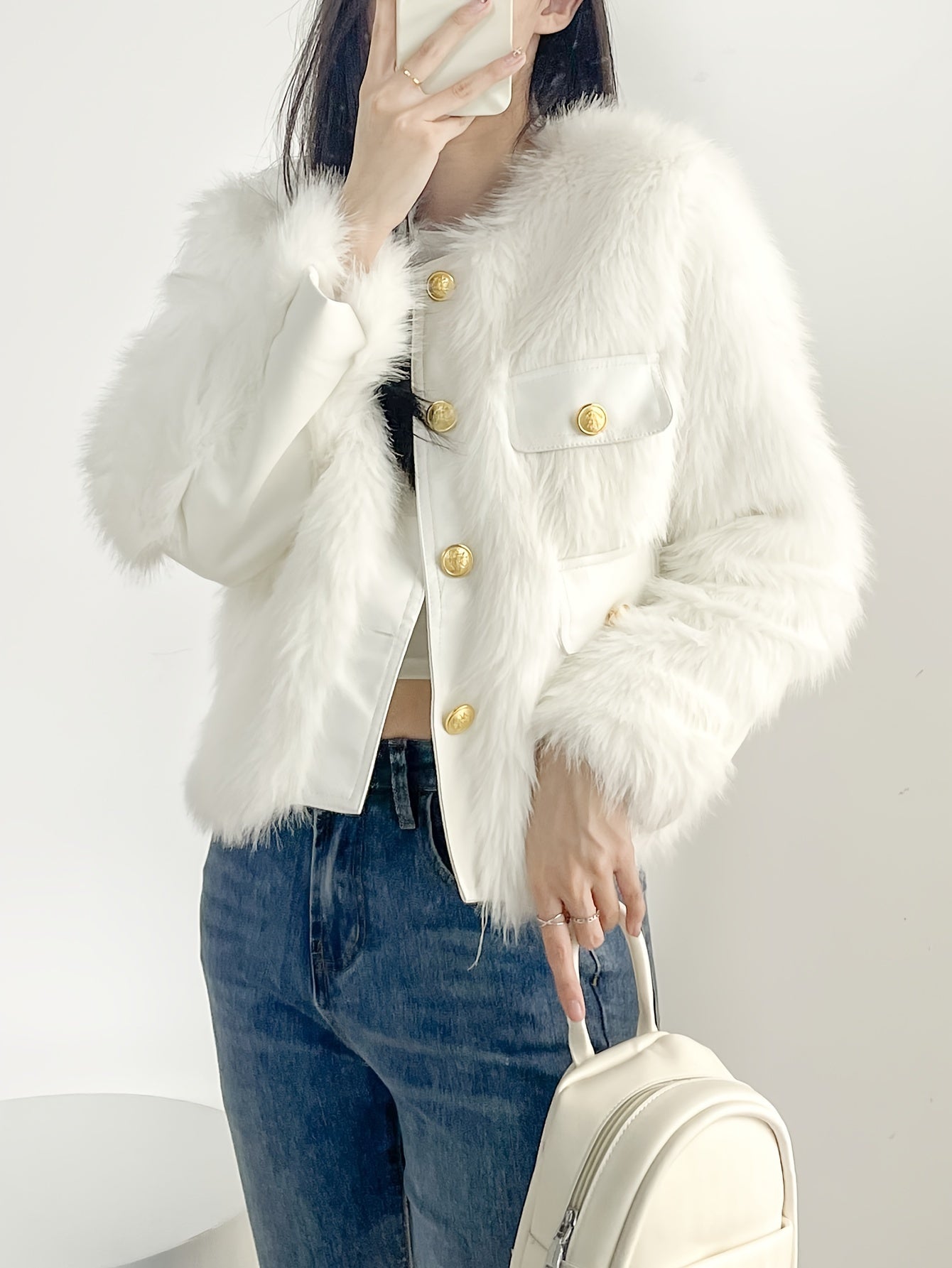 Sixsr Button Front Faux Fur Coat, Elegant Long Sleeve Coat For Fall & Winter, Women's Clothing