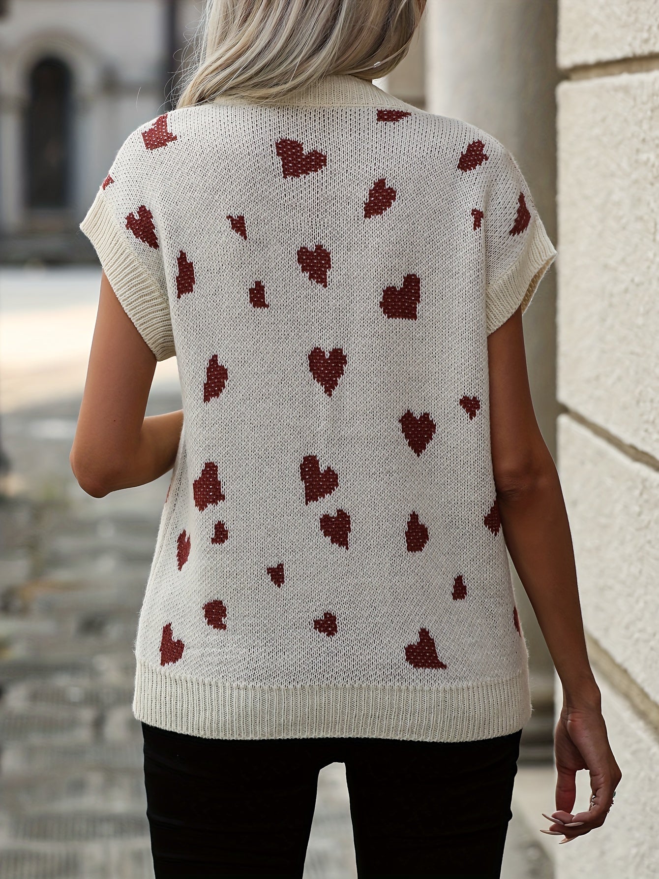 Sixsr Heart V Neck Knitted Sweater Vest, Casual Sleeveless Vest, Women's Clothing