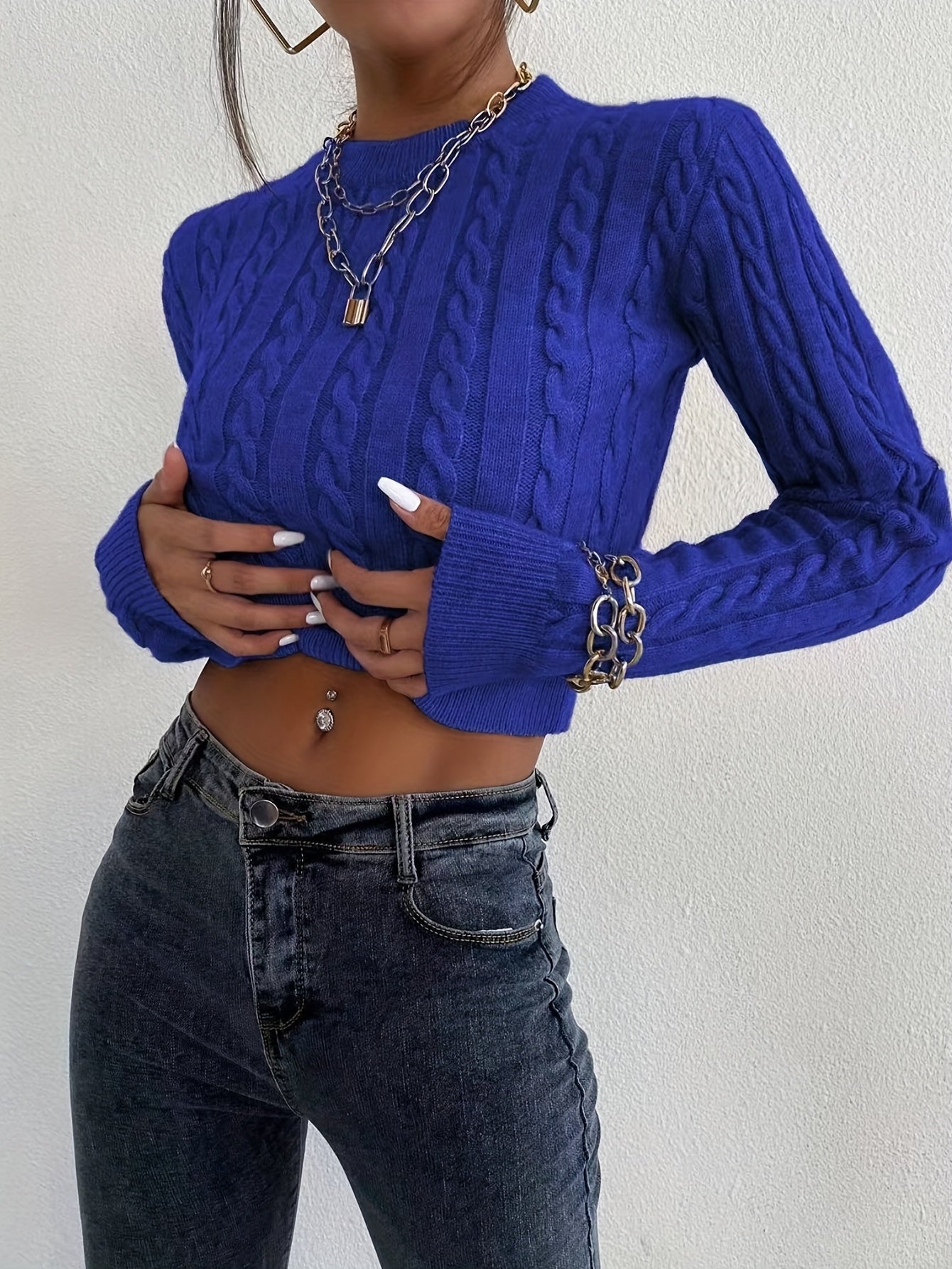 Sixsr Solid Cable Knit Sweater, Casual Crew Neck Long Sleeve Slim Sweater, Women's Clothing