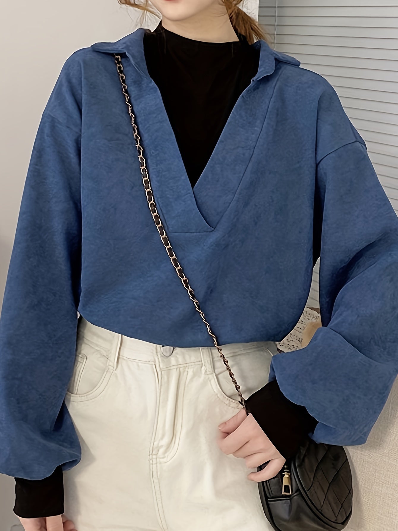 Sixsr Solid Color Open Collar Pullover Sweatshirt, Casual Long Sleeve Lapel Sweatshirt For Fall & Winter, Women's Clothing