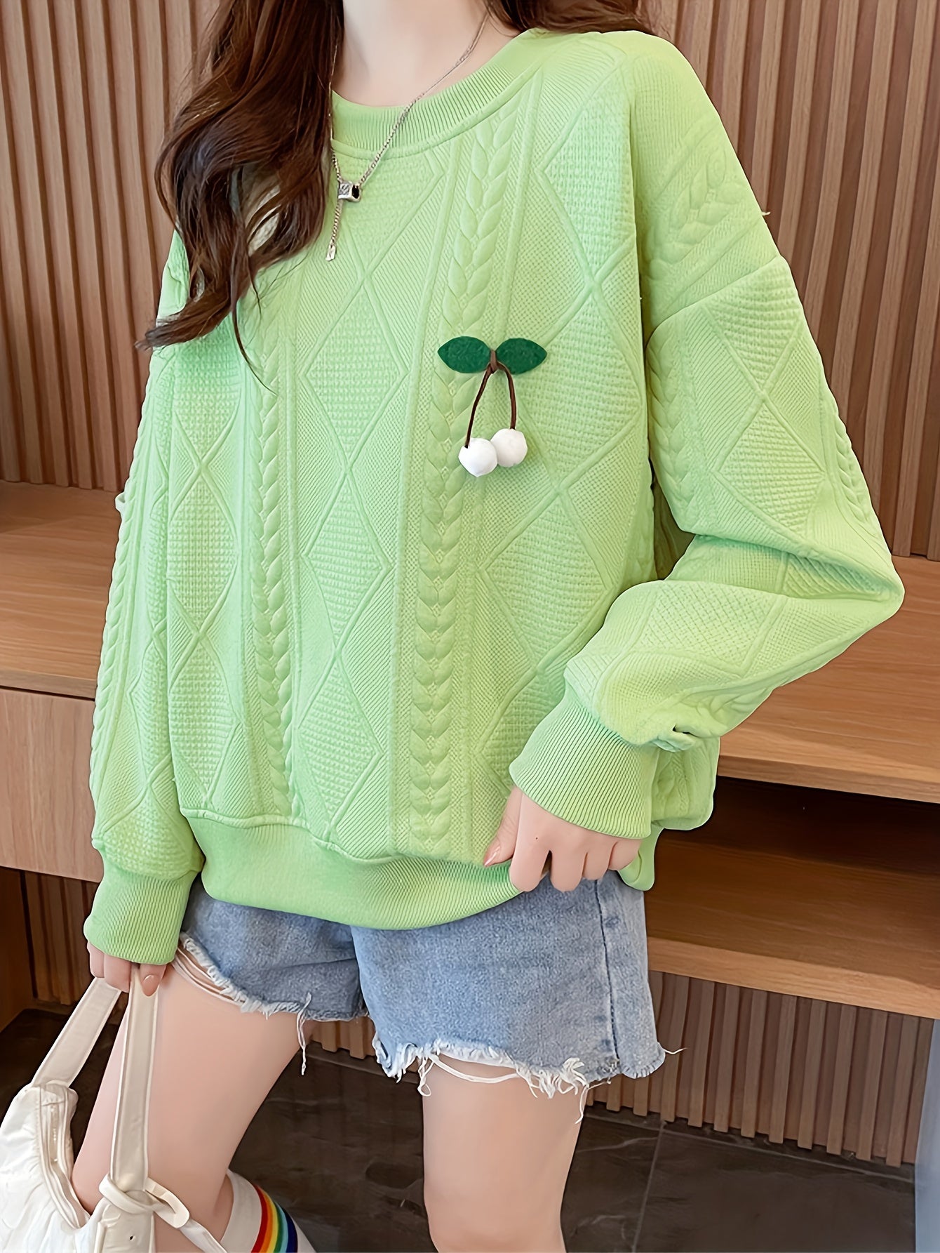 Sixsr Fruit Decor Pullover Textured Sweatshirt, Casual Long Sleeve Crew Neck Sweatshirt For Fall & Winter, Women's Clothing