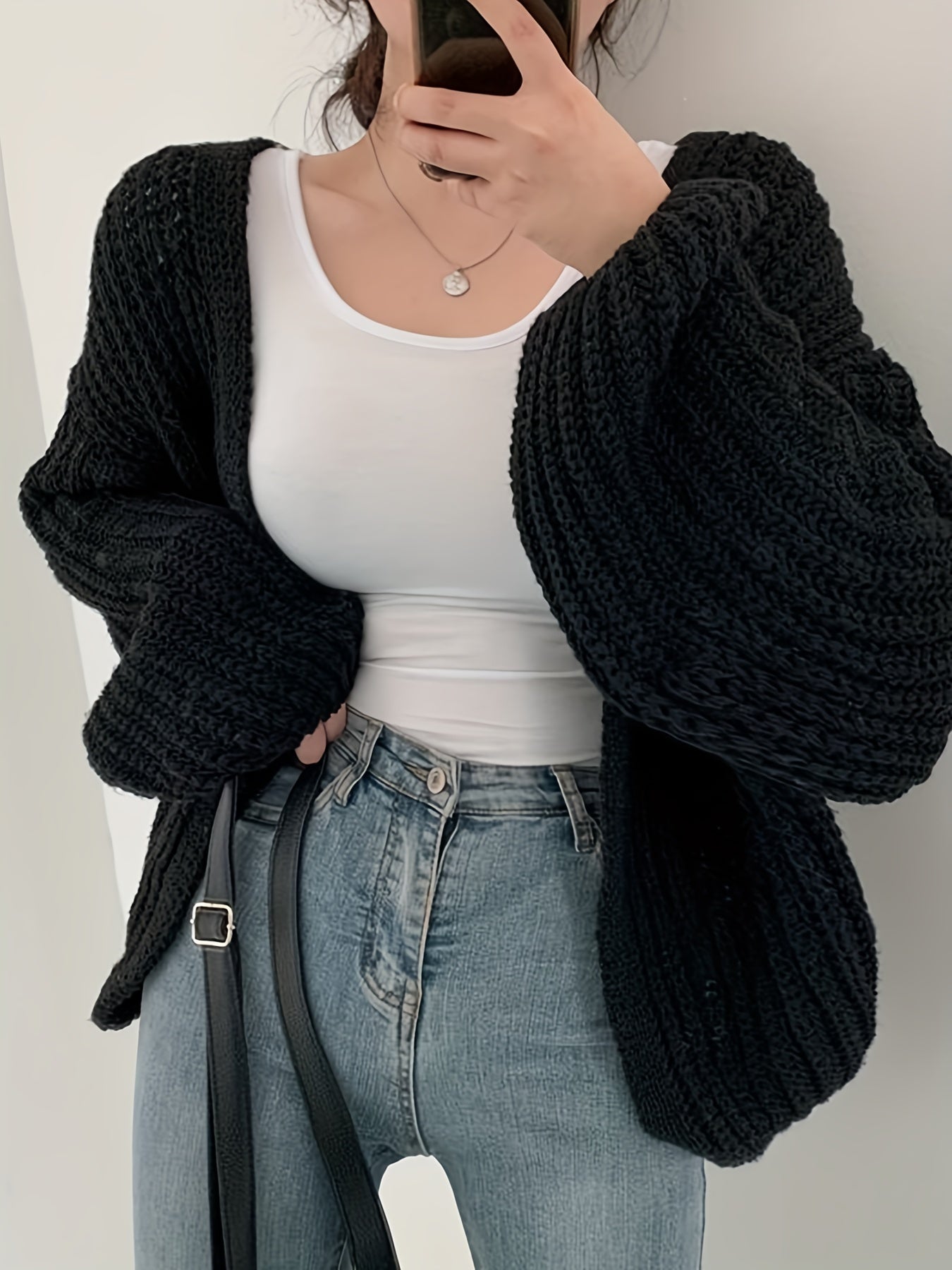 Sixsr Solid Ope Front Chunky Knit Cardigan, Casual Long Sleeve Loose Sweater, Women's Clothing