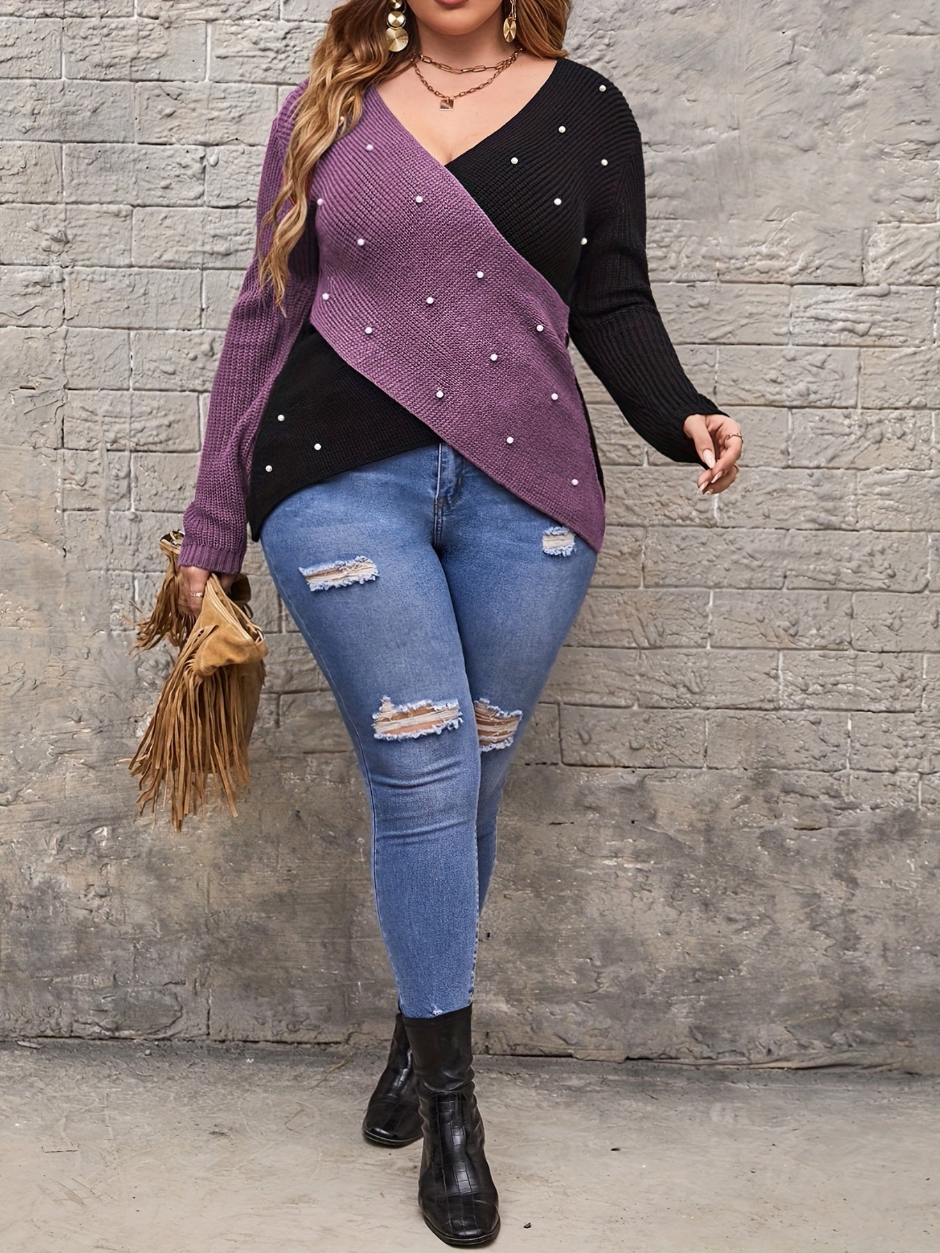 Sixsr Plus Size Casual Sweater, Women's Plus Colorblock Faux Pearl Decor Long Sleeve V Neck Cross Jumper