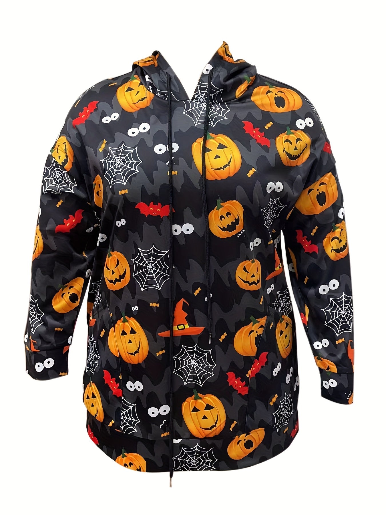 Sixsr Plus Size Halloween Casual Sweatshirt, Women's Plus Graphic Print Long Sleeve Drawstring Hooded Sweatshirt With Pockets