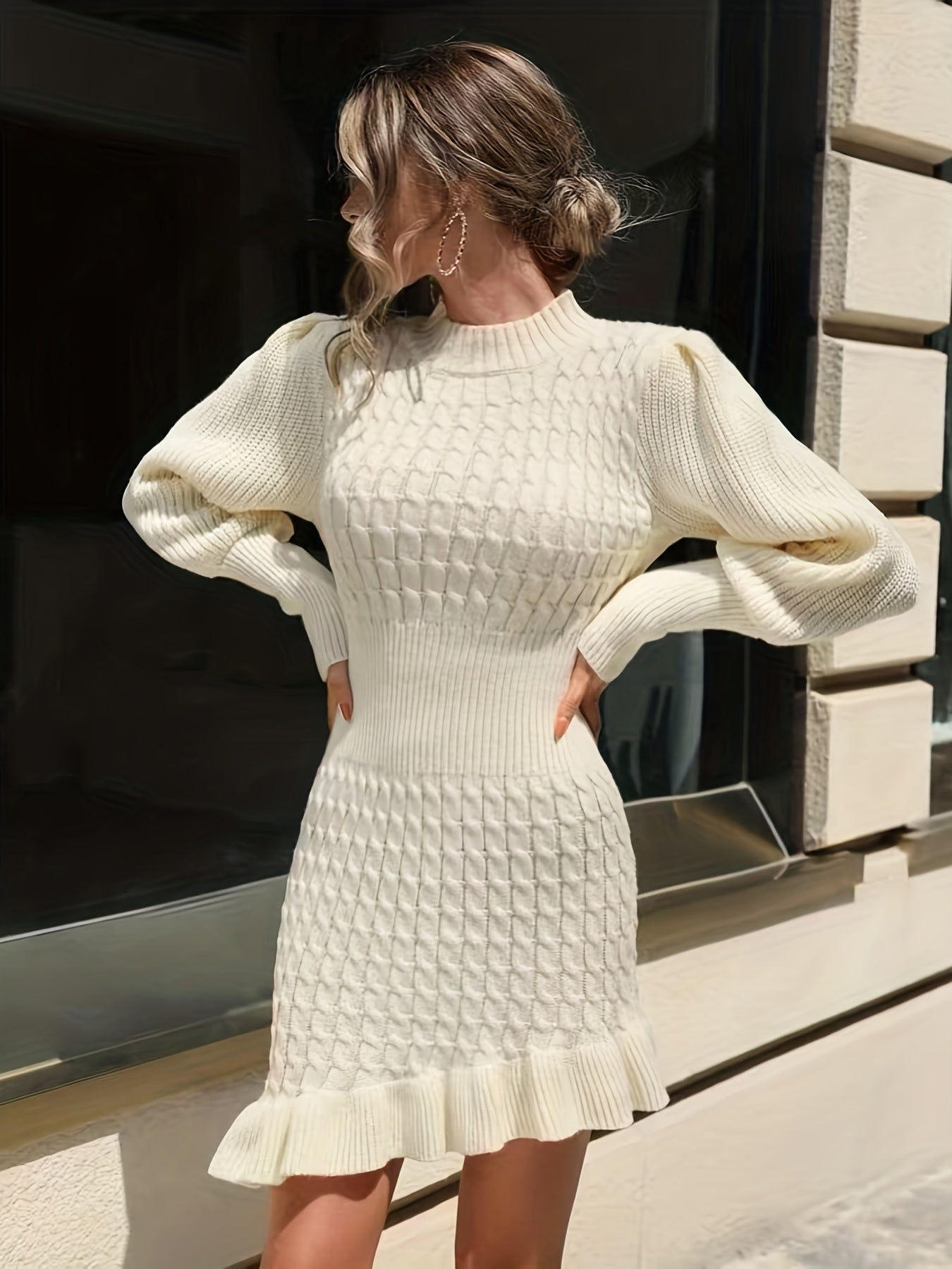 Sixsr Ruffle Asymmetrical Hem Sweater Dress, Elegant Long Sleeve Solid Dress, Women's Clothing