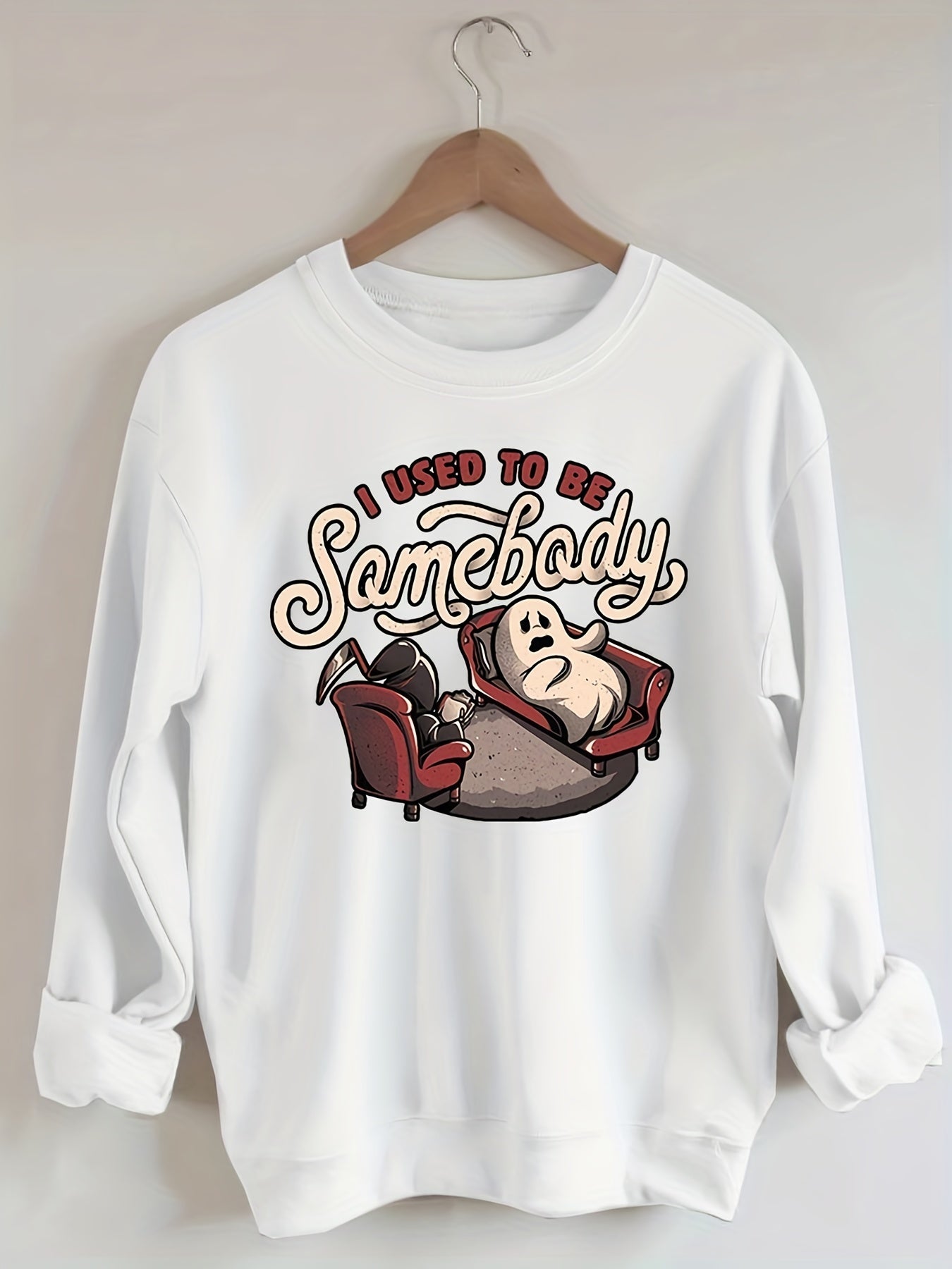 Sixsr Plus Size Halloween Sweatshirt, Women's Plus Funny Ghost & Slogan Print Long Sleeve Round Neck Slight Stretch Party Sweatshirt