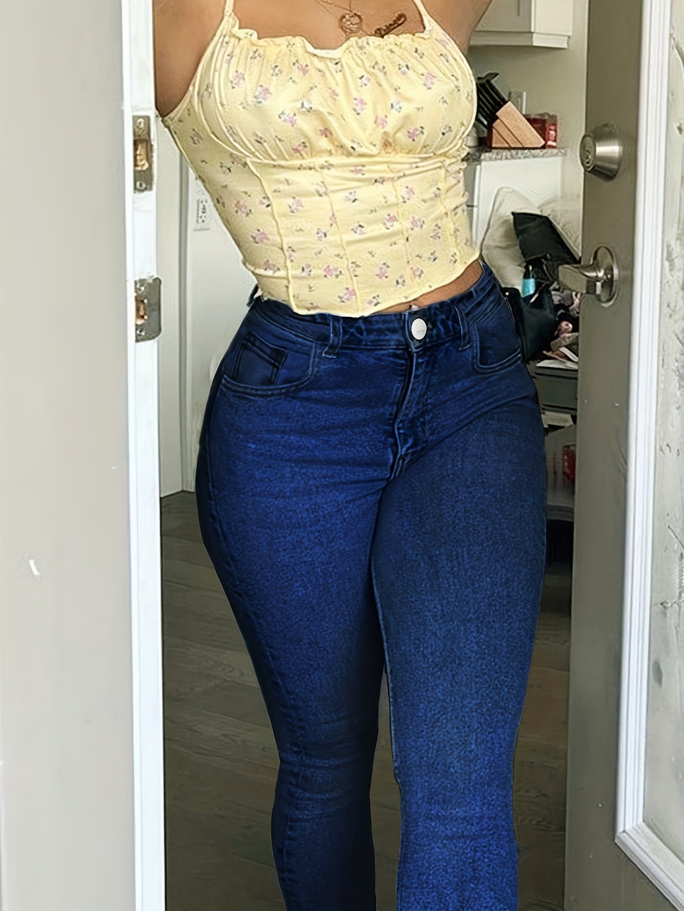 Sixsr Plus Size Casual Jeans, Women's Plus Solid Roll Up Hem Button Fly Medium Stretch Pencil Jeans