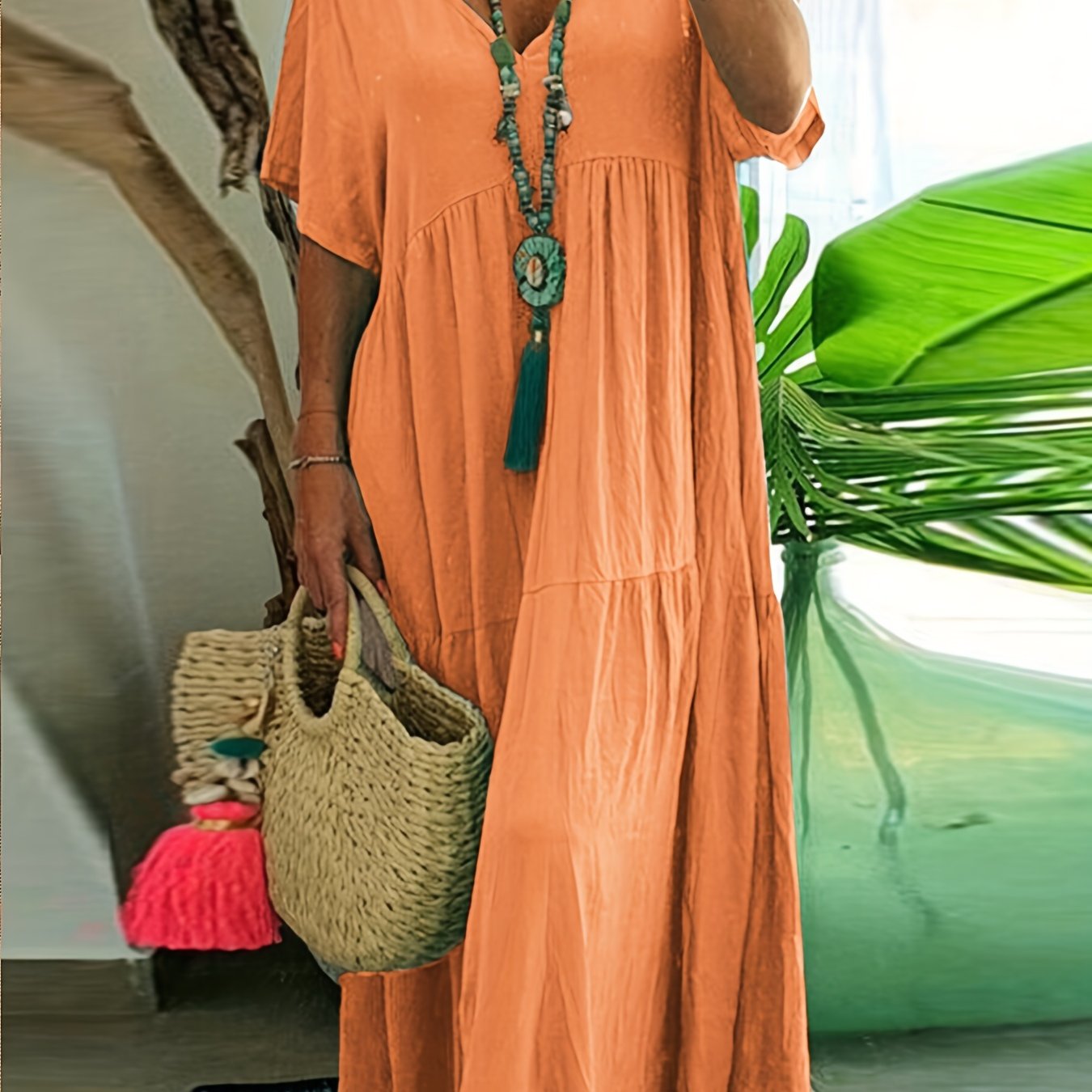 Sixsr Plus Size Casual Dress, Women's Plus Solid V Neck Short Sleeve Ruffle Trim Smock Dress