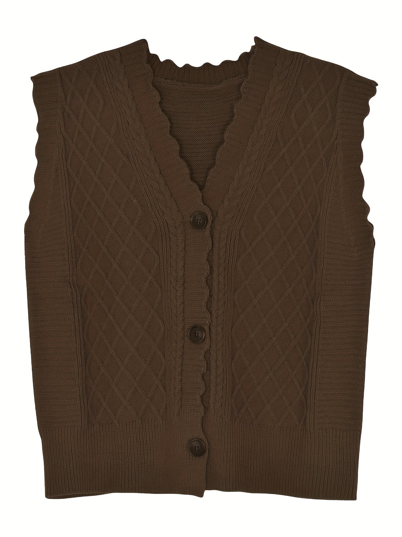 Sixsr Cable Knit Button Sweater Vest, Casual Sleeveless V Neck Scallop Trim Sweater, Women's Clothing
