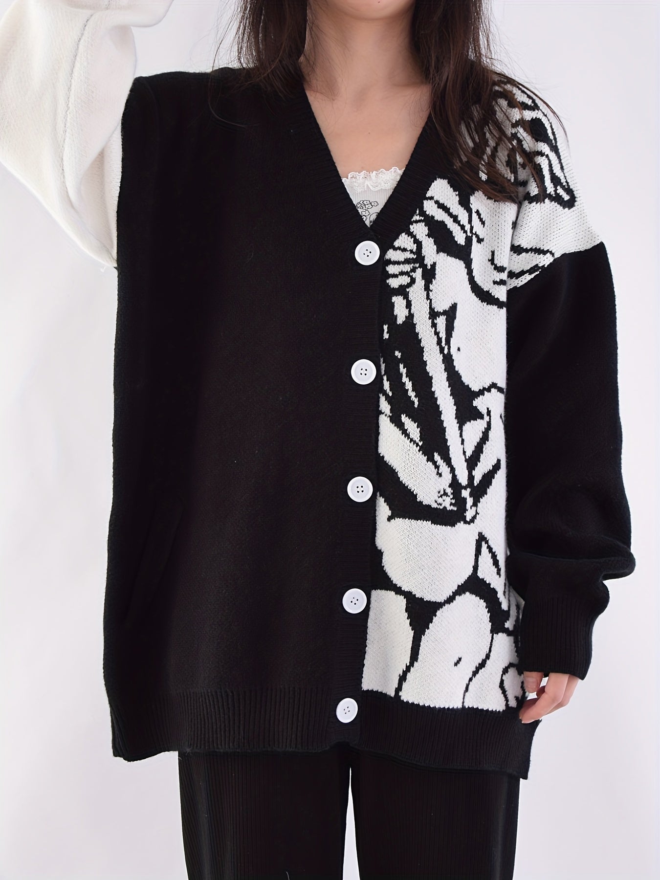 Sixsr Graphic Pattern Button Down Knit Cardigan, Vintage Long Sleeve Loose Sweater, Women's Clothing